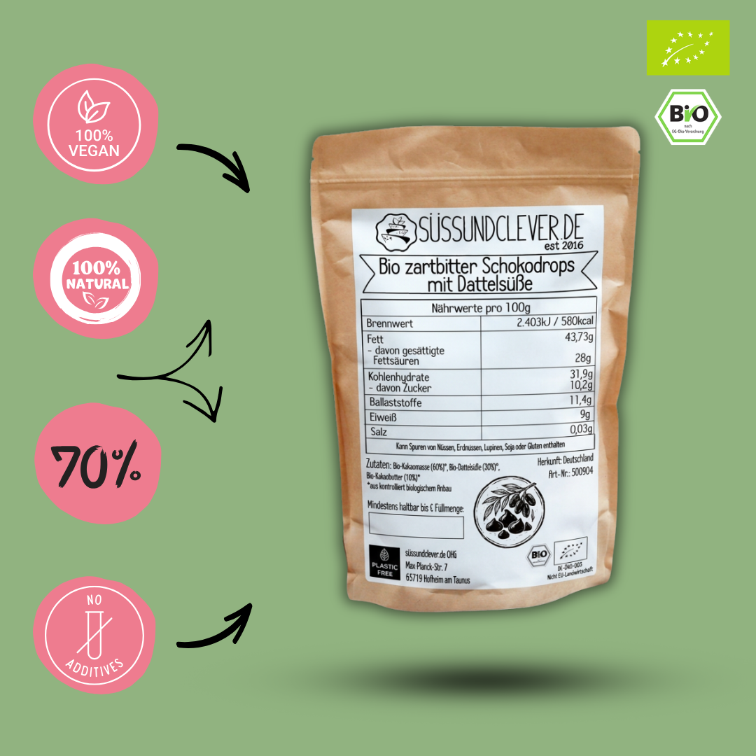Bio zartbitter Schokodrops mit Dattelsüße | 70% Kakaoanteil | Ohne Zuckerzusatz | Vegan