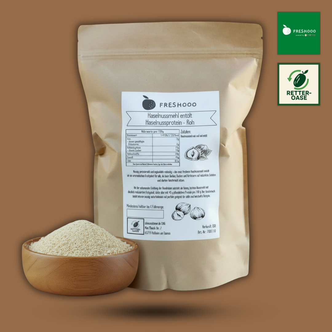 freshooo® Haselnussmehl entölt | Haselnussprotein - Roh | 45g Protein