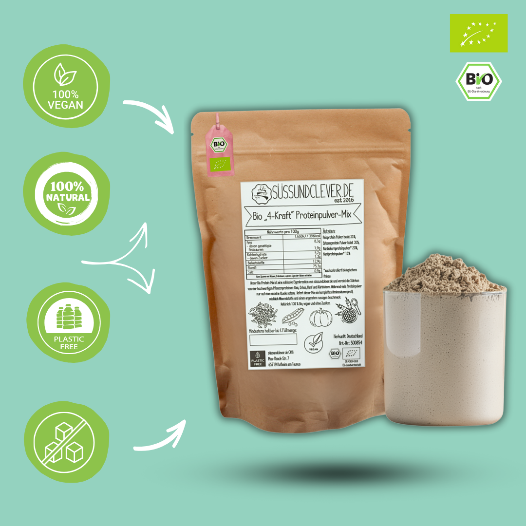 Bio "4-Kraft" Proteinpulver-Mix | Reis-, Erbse-, Hanf- & Kürbiskernprotein | vegan & 75% Protein