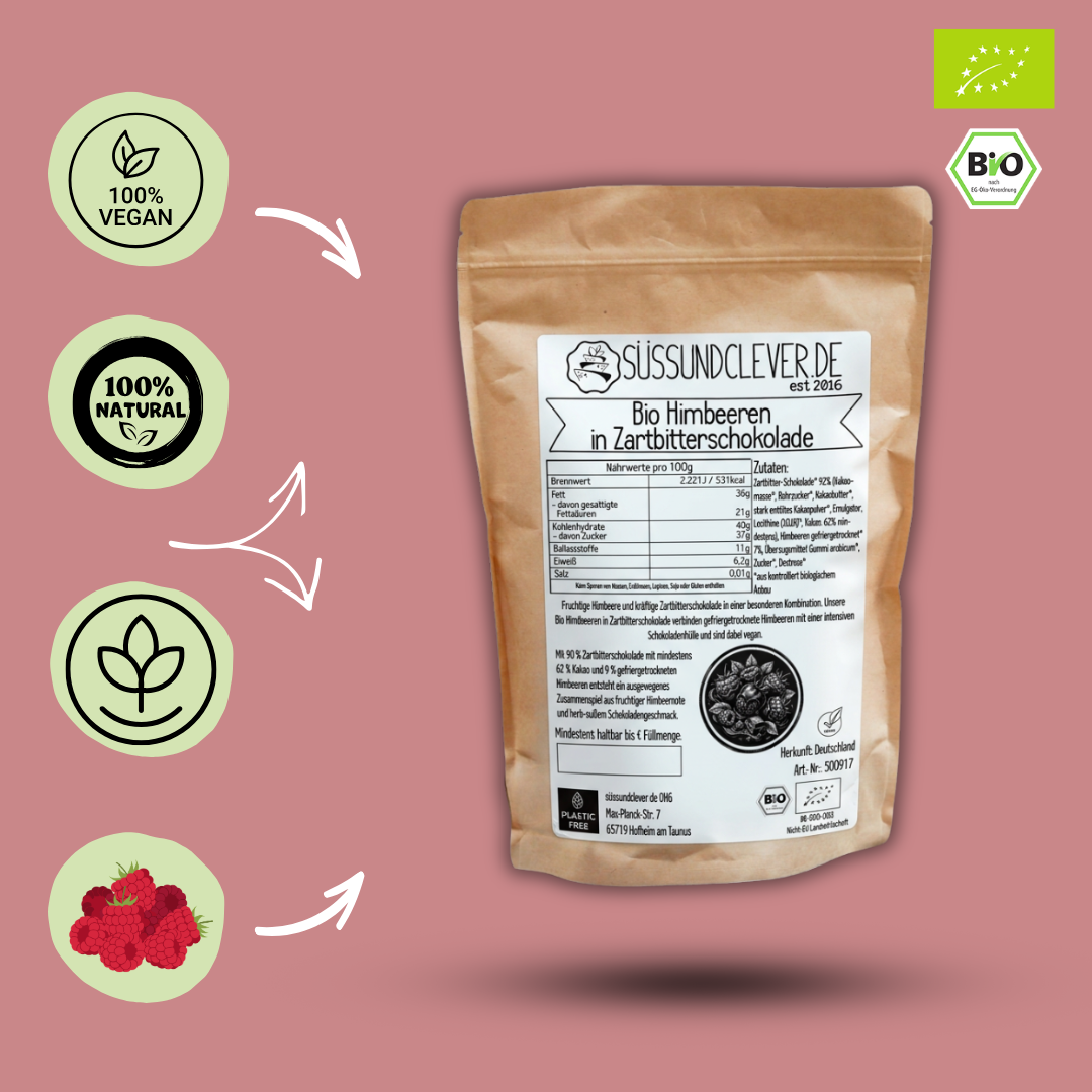 Bio Himbeeren in Zartbitterschokolade | vegan | mit gefriergetrockneten Himbeeren