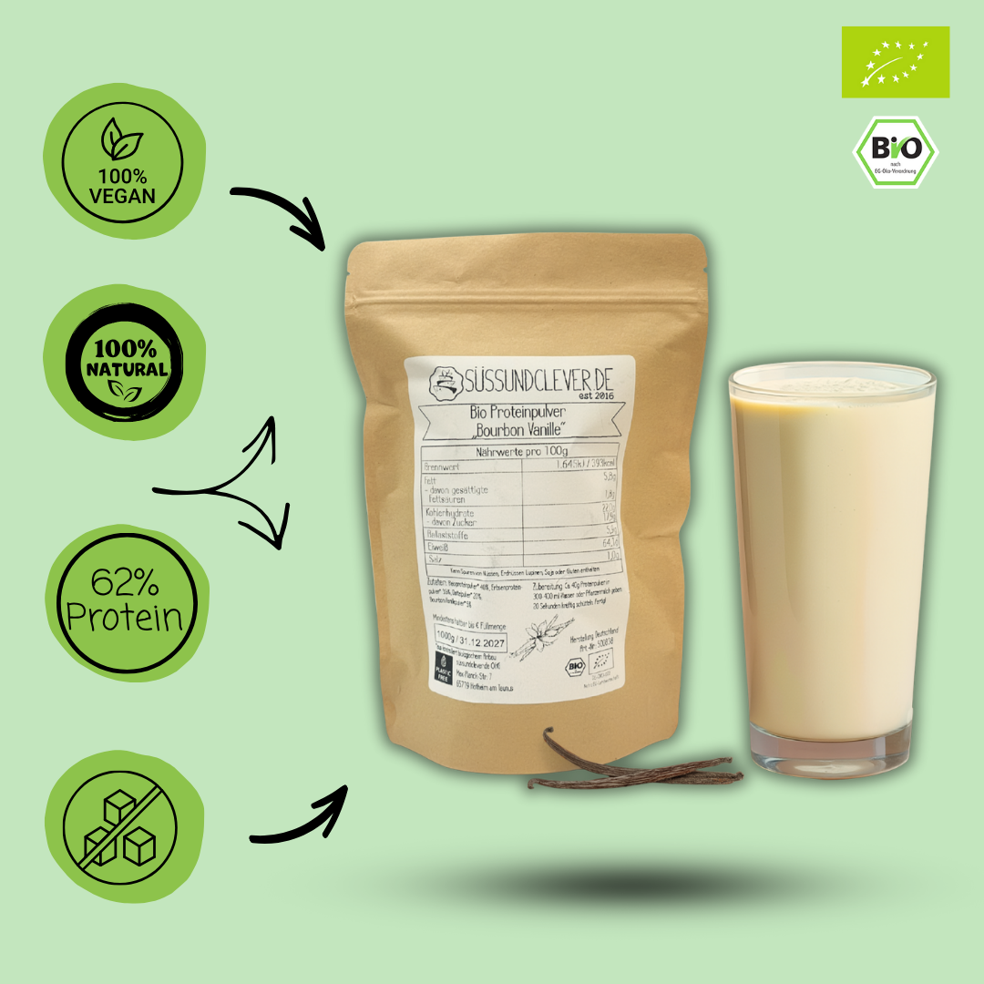 Bio Proteinpulver | "Bourbon Vanille" | Vegan & 62% Protein | mit Dattelsüße