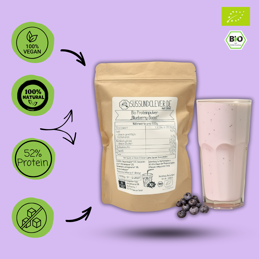 Bio Proteinpulver | "Blueberry-Boost" | Vegan & 52% Protein | mit Dattelsüße