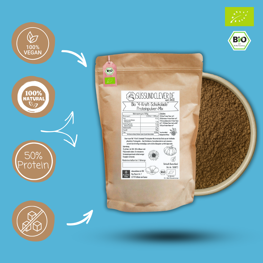 Bio "4-Kraft-SCHOKOLADE" Proteinpulver-Mix | 50% Protein | Hanf-, Kürbiskern-, Sonnenblumen- & Leinprotein | vegan