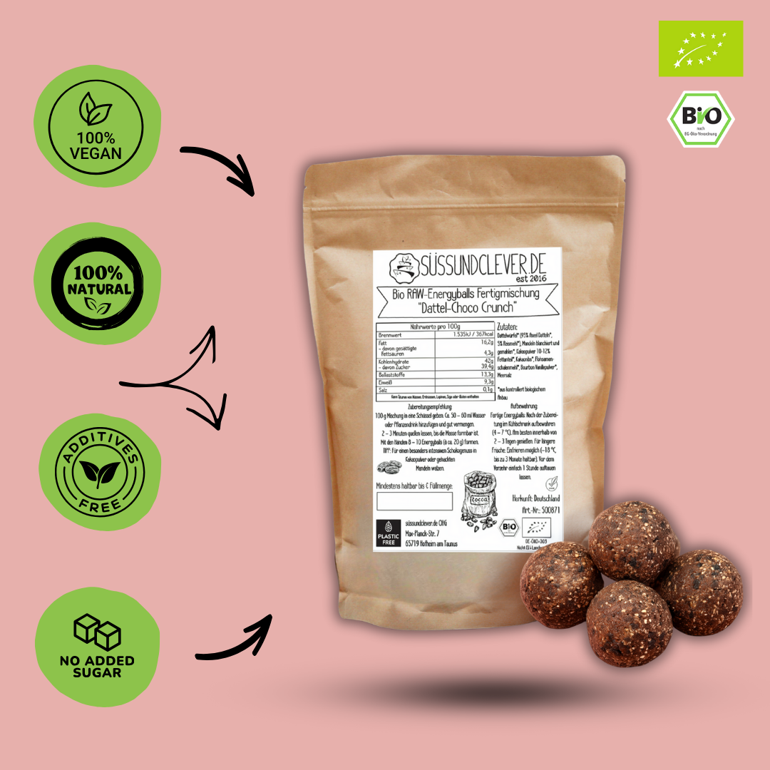 Bio RAW-Energyballs Fertigmischung | "Dattel-Choco Crunch" | vegan & ohne Zuckerzusatz