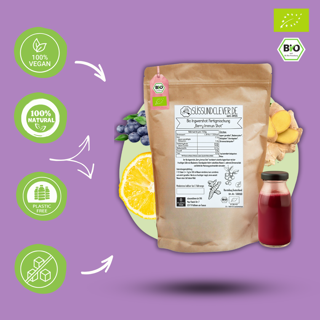 Bio Ingwershot Fertigmischung | "Berry Immun Shot" | mit Blaubeerenpulver & Acerola | 40 Shots