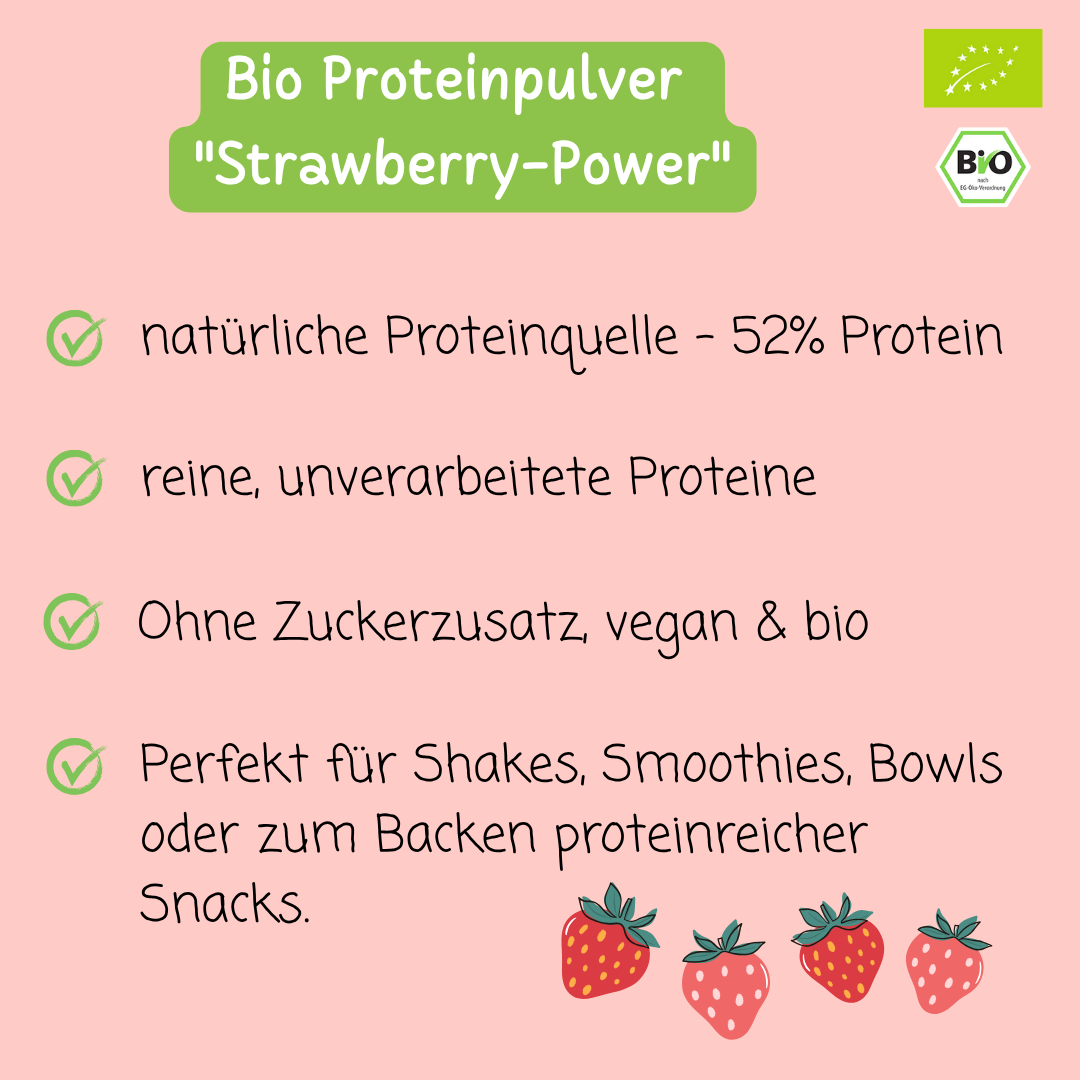 Bio Proteinpulver | "Strawberry-Power" | Vegan & 52% Protein | mit Dattelsüße