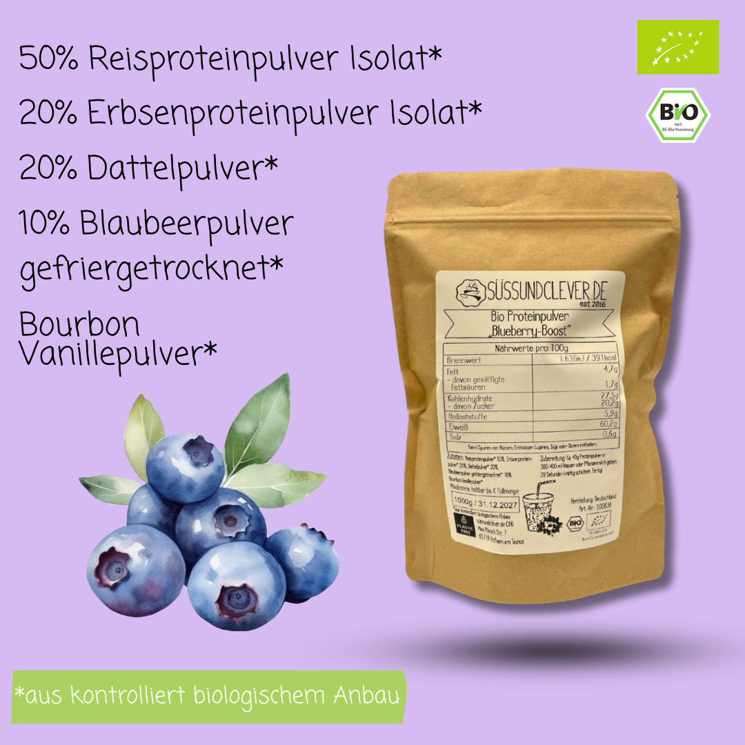 Bio Proteinpulver | "Blueberry-Boost" | Vegan & 60% Protein | mit Dattelsüße