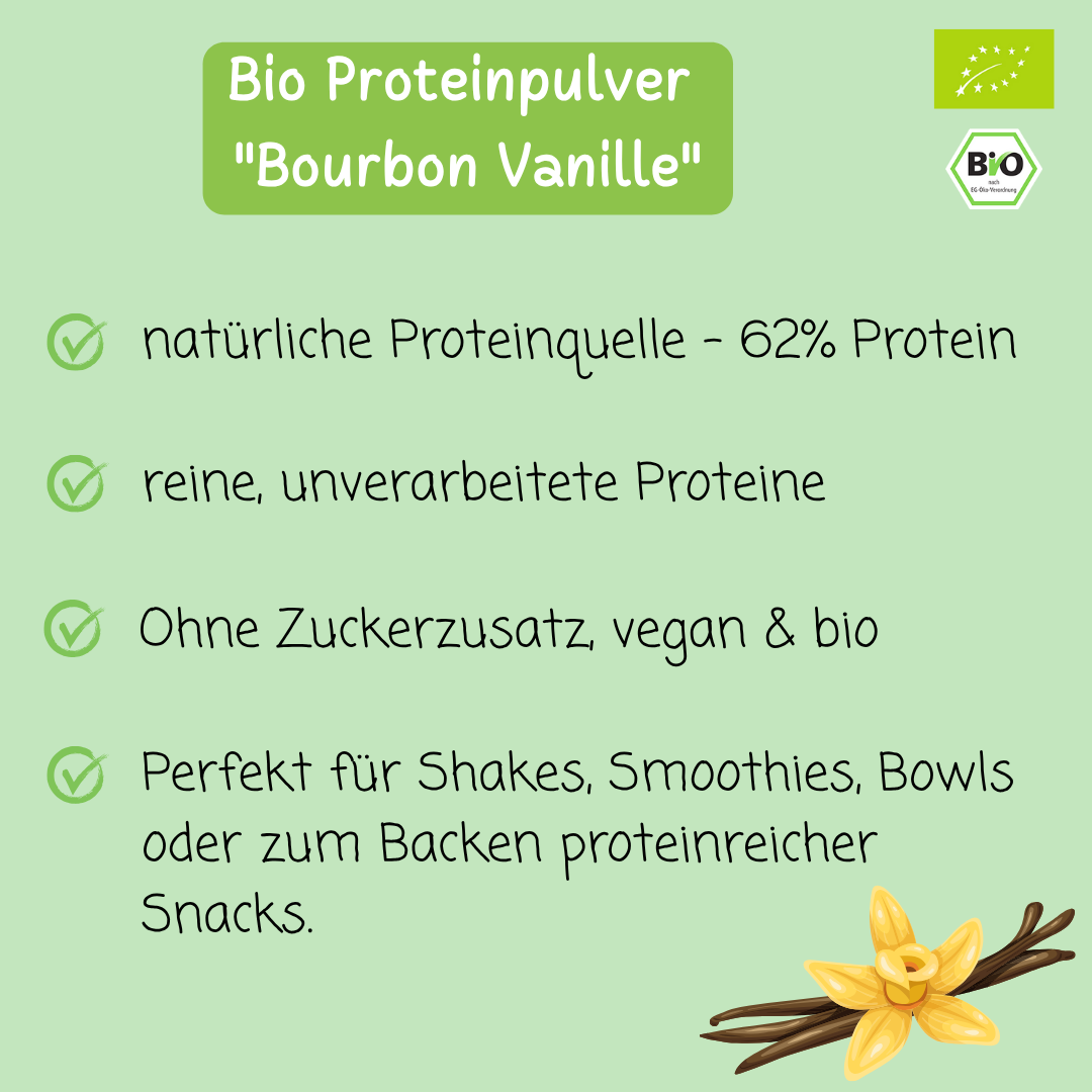 Bio Proteinpulver | "Bourbon Vanille" | Vegan & 62% Protein | mit Dattelsüße