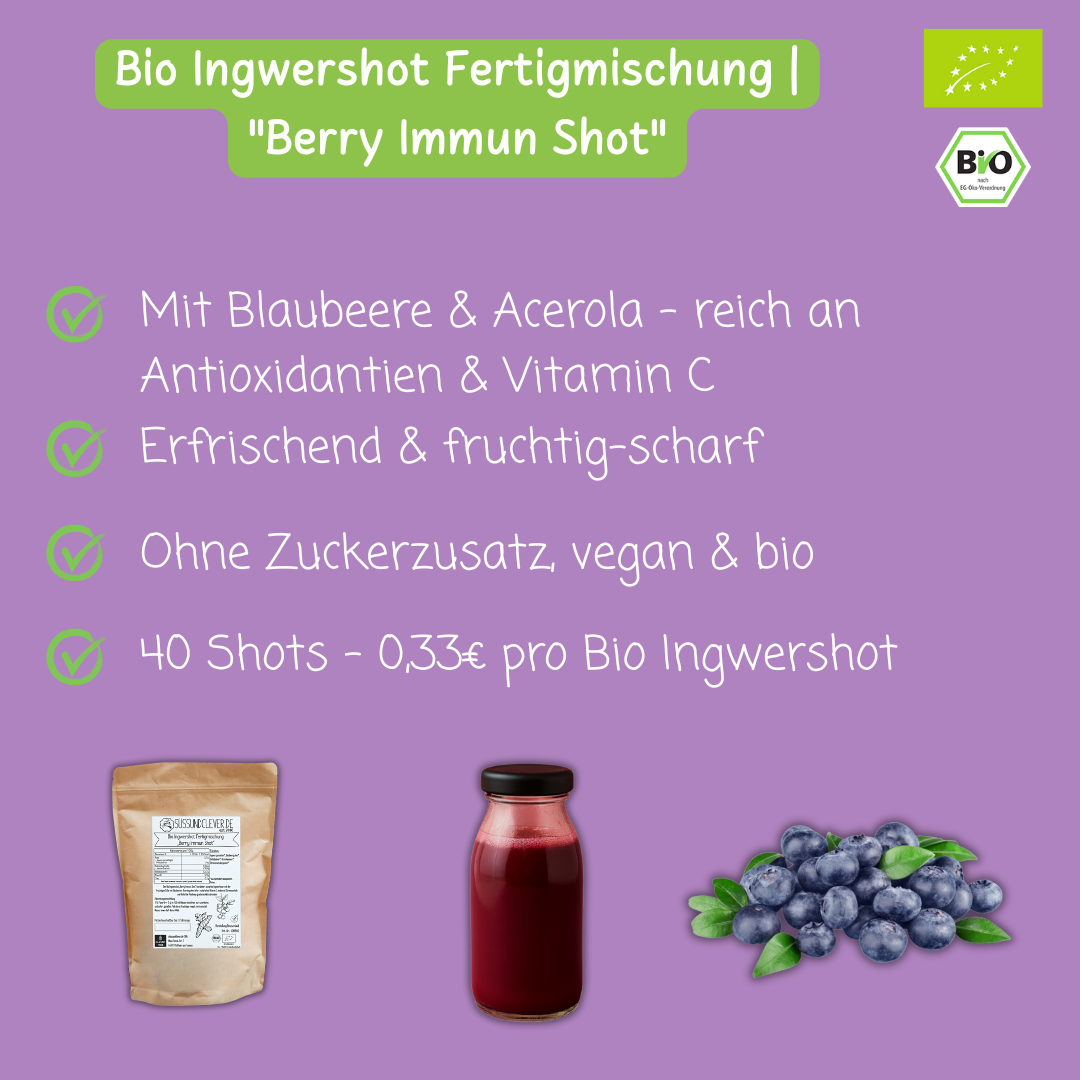 Bio Ingwershot Fertigmischung | "Berry Immun Shot" | mit Blaubeerenpulver & Acerola | 40 Shots