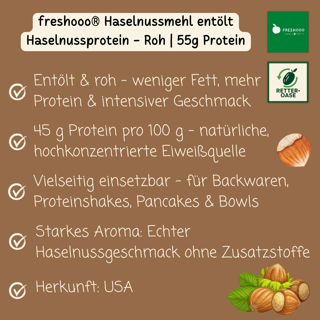 freshooo® Haselnussmehl entölt | Haselnussprotein - Roh | 45g Protein