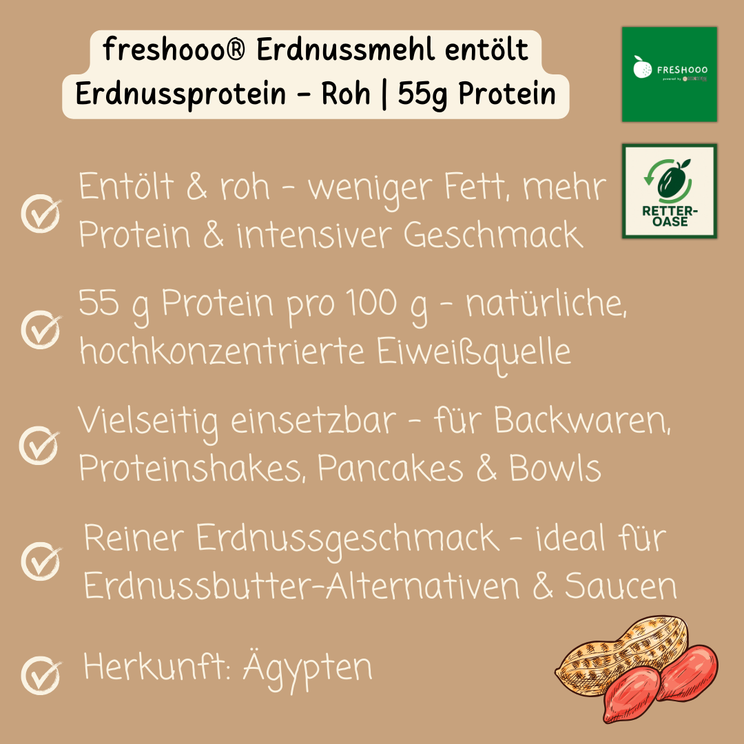 freshooo® Erdnussmehl entölt | Erdnussprotein - Roh | 55g Protein