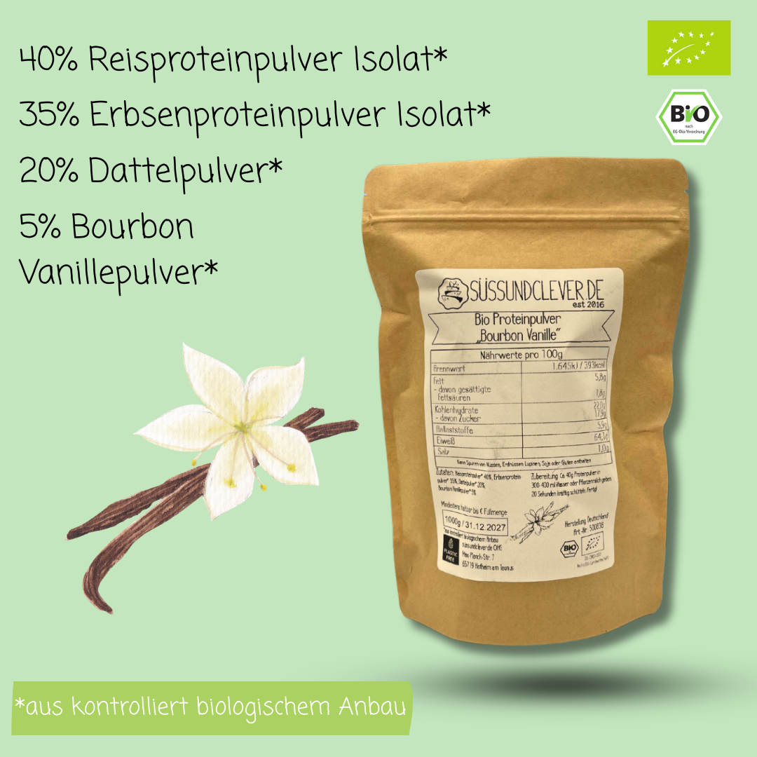 Bio Proteinpulver | "Bourbon Vanille" | Vegan & 65% Protein | mit Dattelsüße