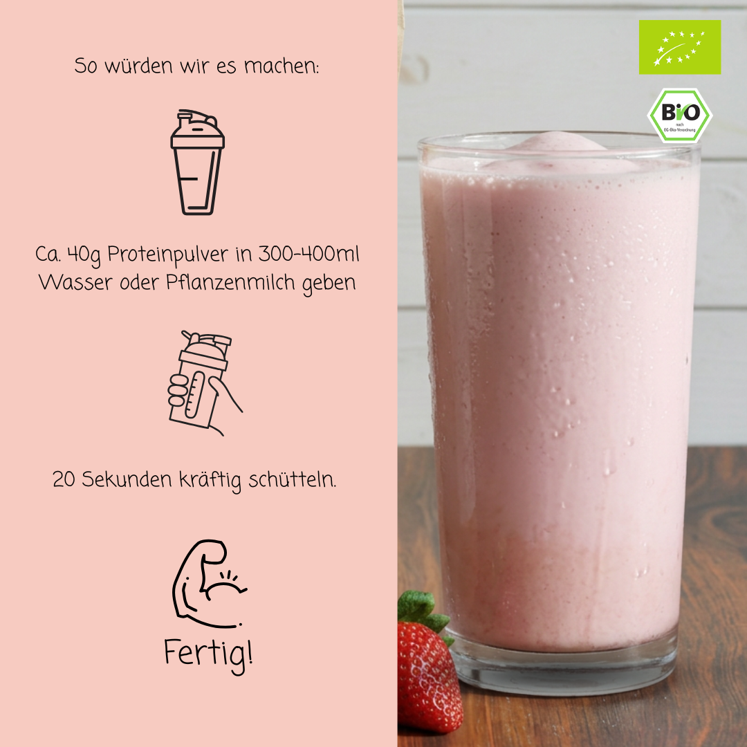 Bio Proteinpulver | "Strawberry-Power" | Vegan & 52% Protein | mit Dattelsüße