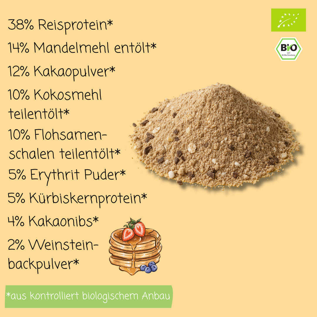 Bio Protein Pancake- & Waffelmischung „Double Choco Crunch“ | 49% Protein | ohne Zuckerzusatz | vegan