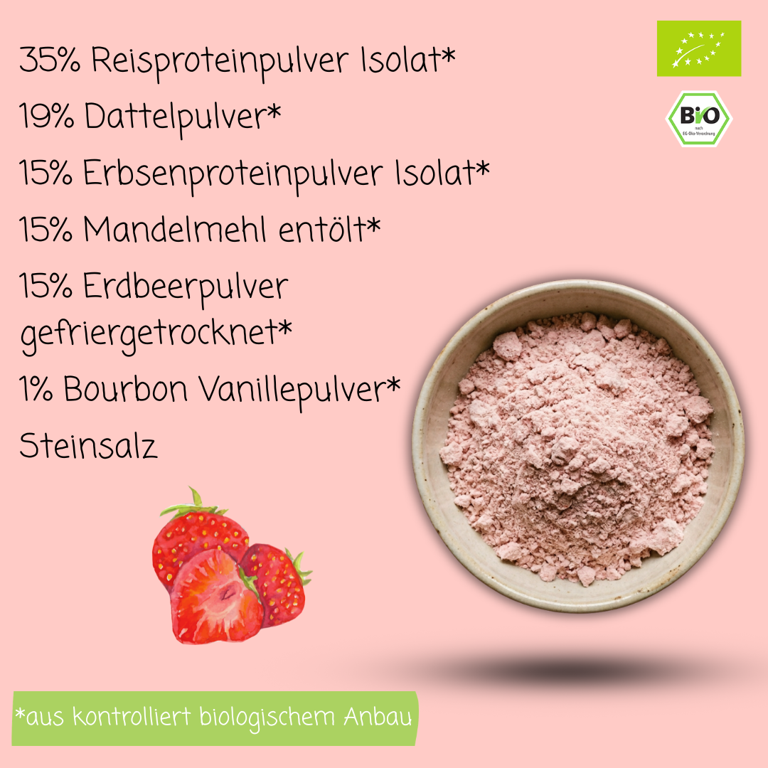 Bio Proteinpulver | "Strawberry-Power" | Vegan & 52% Protein | mit Dattelsüße