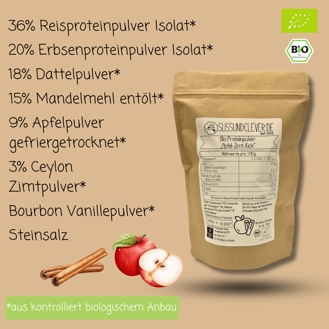 Bio Proteinpulver | "Apfel-Zimt-Kick" | Vegan & 56% Protein | mit Dattelsüße