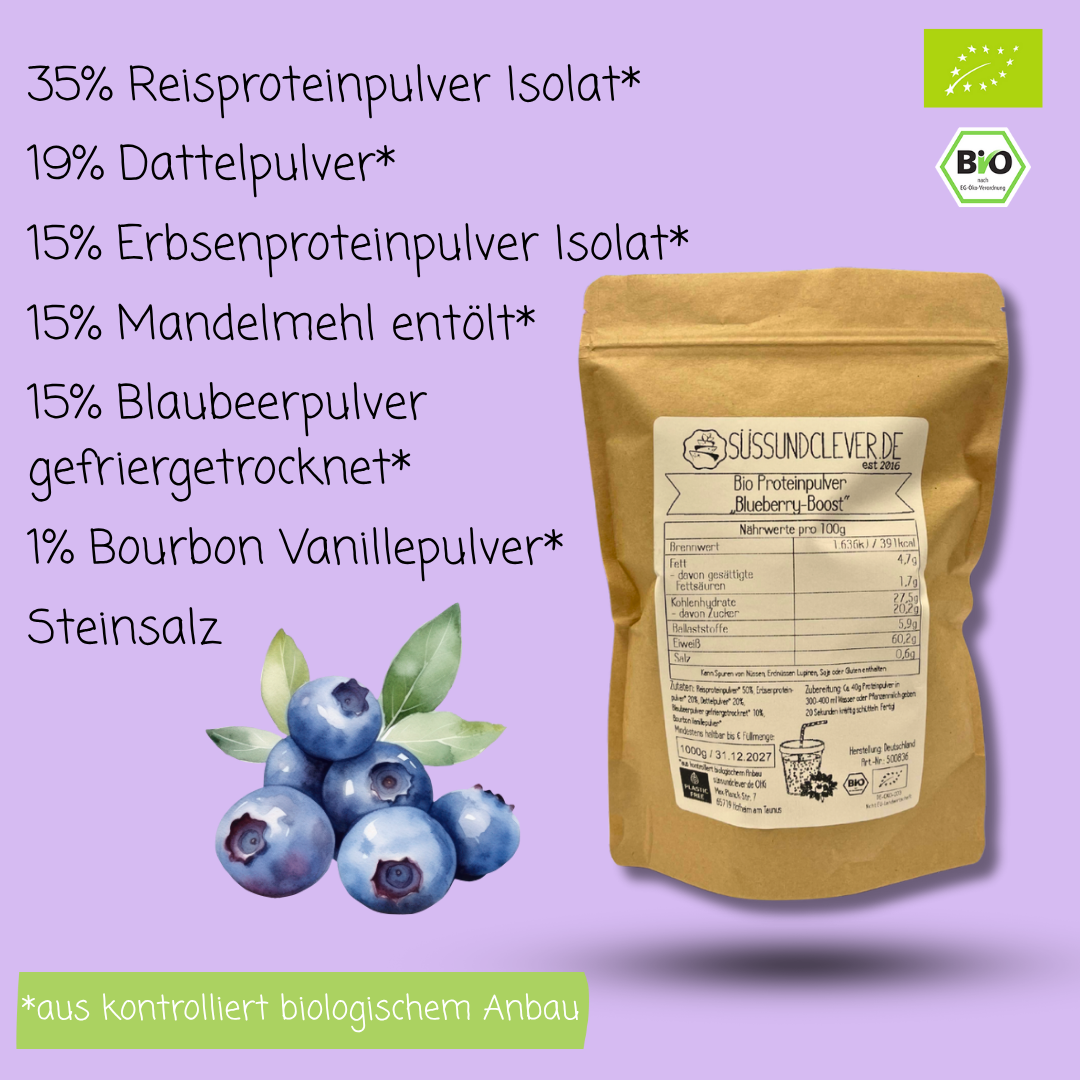 Bio Proteinpulver | "Blueberry-Boost" | Vegan & 52% Protein | mit Dattelsüße