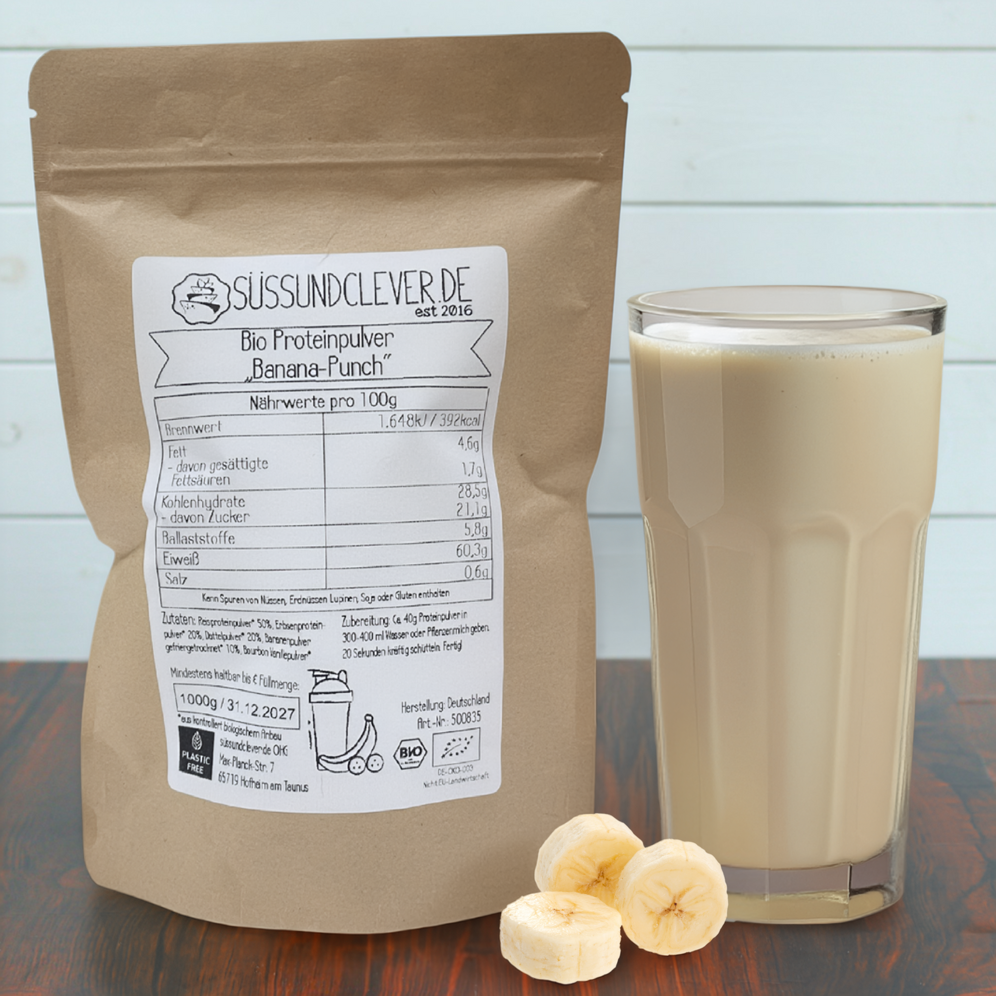 Bio Proteinpulver | "Banana-Punch" | Vegan & 52% Protein | mit Dattelsüße