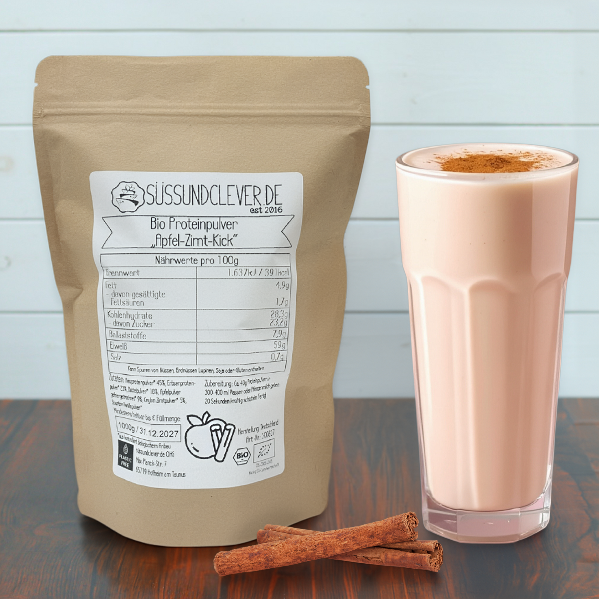 Bio Proteinpulver | "Apfel-Zimt-Kick" | Vegan & 56% Protein | mit Dattelsüße