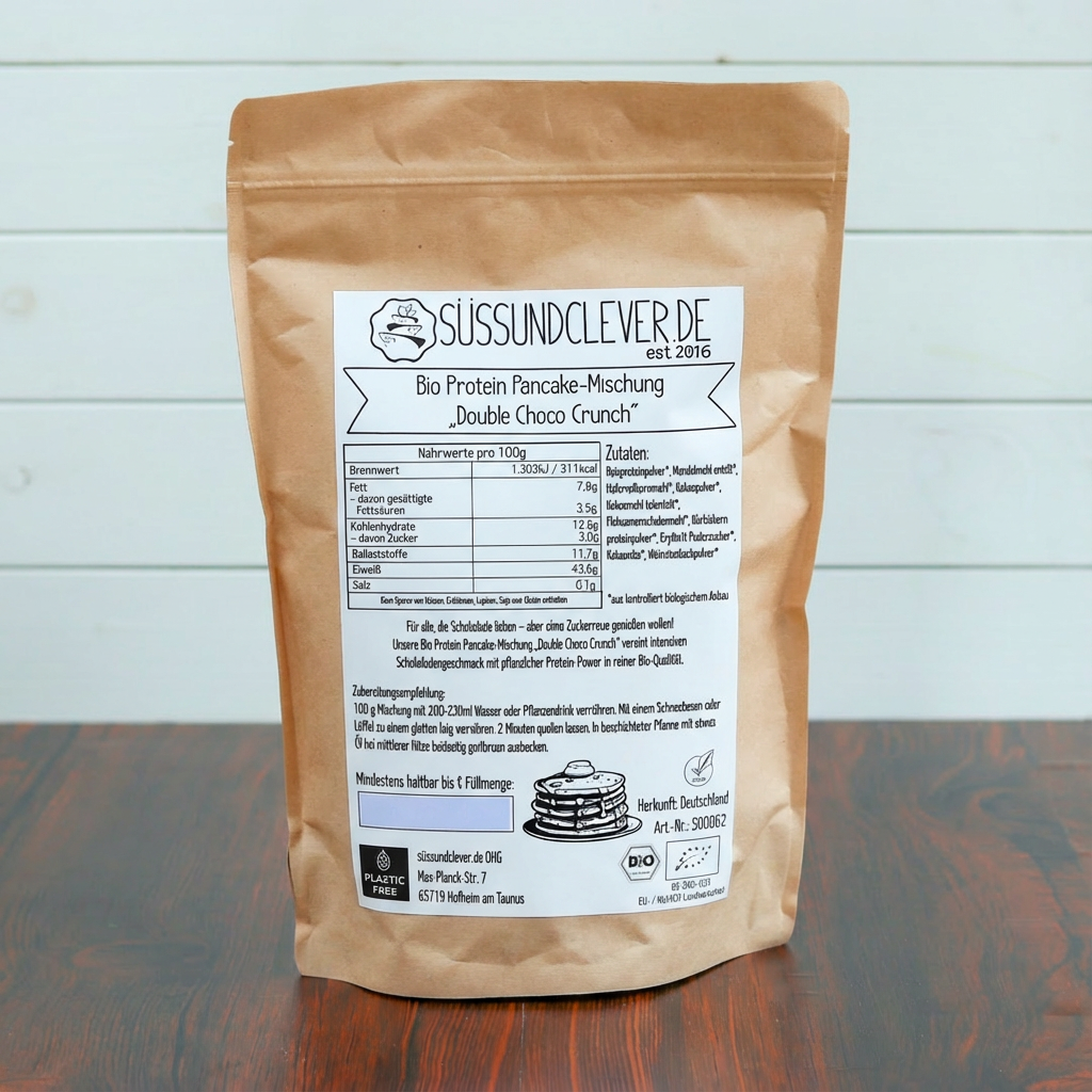 Bio Protein Pancake-Mischung „Double Choco Crunch“ | 44% Protein | ohne Zuckerzusatz | vegan