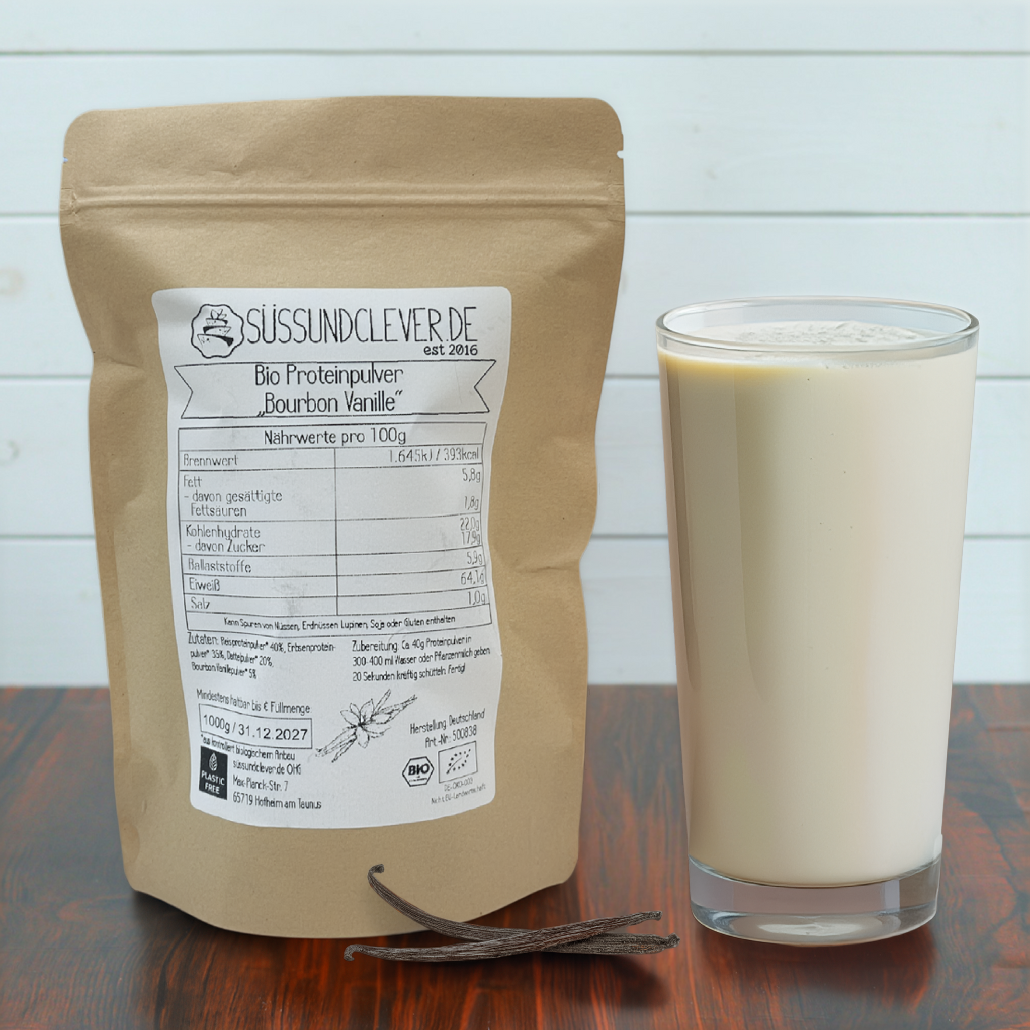 Bio Proteinpulver | "Bourbon Vanille" | Vegan & 62% Protein | mit Dattelsüße
