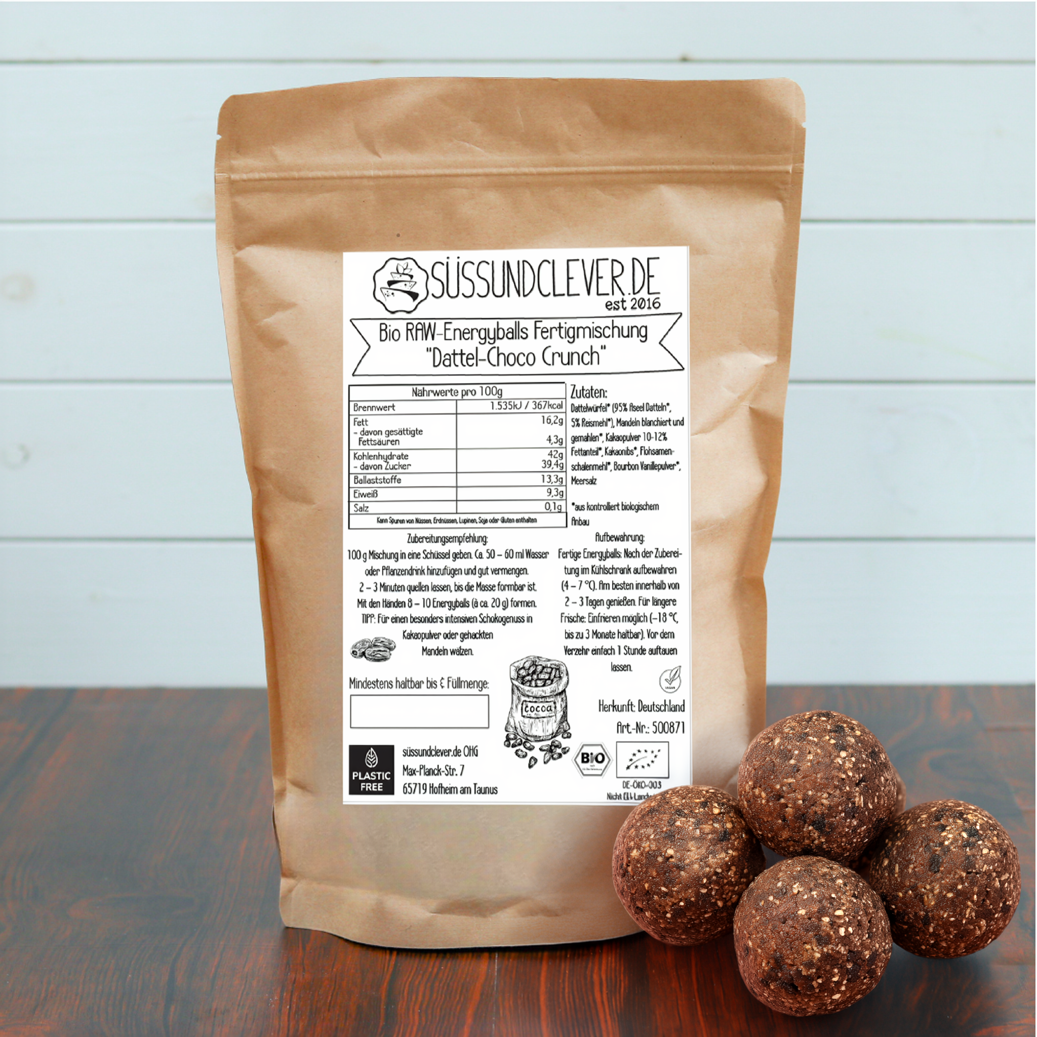 Bio RAW-Energyballs Fertigmischung | "Dattel-Choco Crunch" | vegan & ohne Zuckerzusatz