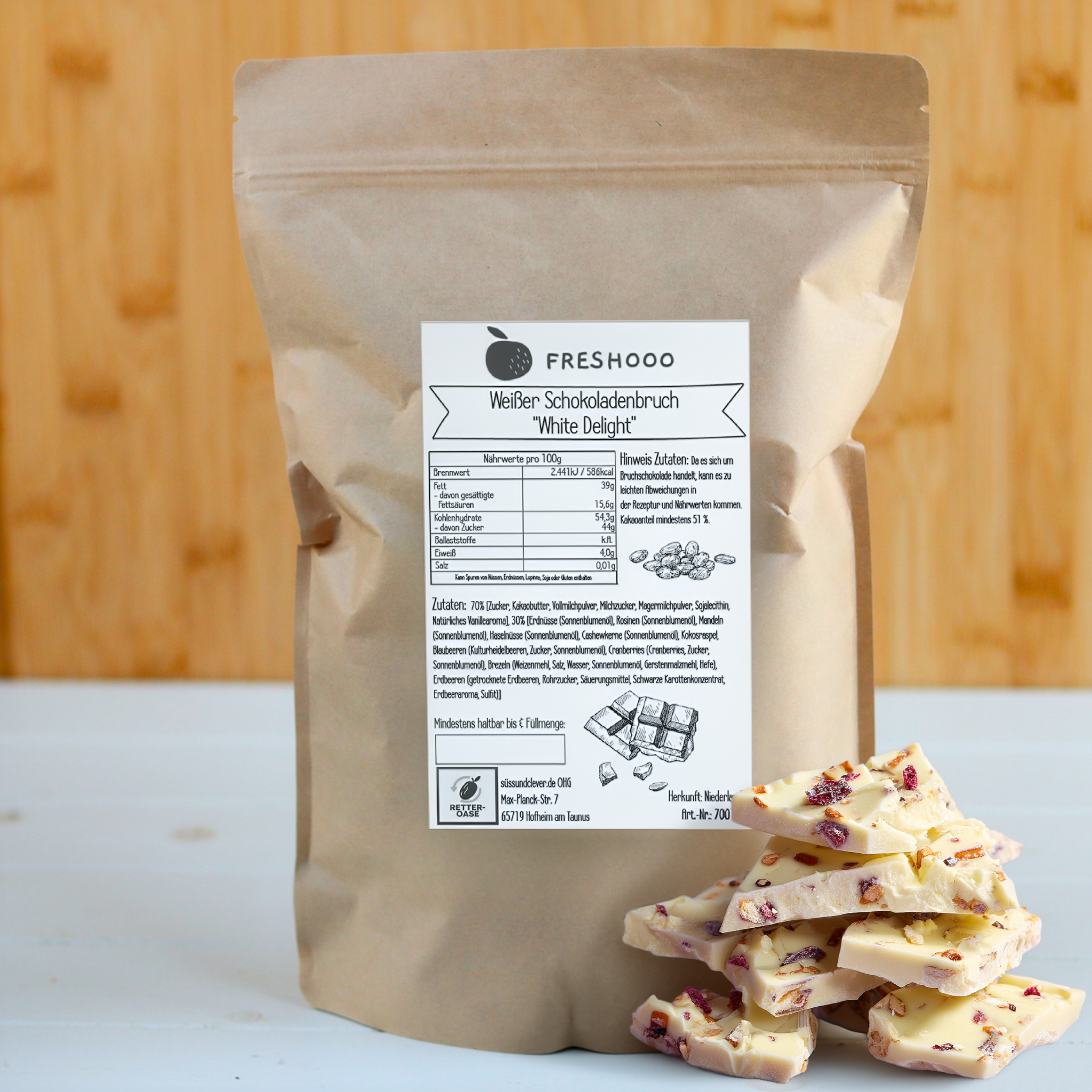 freshooo® WEIßER Schokoladenbruch | "White Delight" | mit Nuss-Frucht Crunch