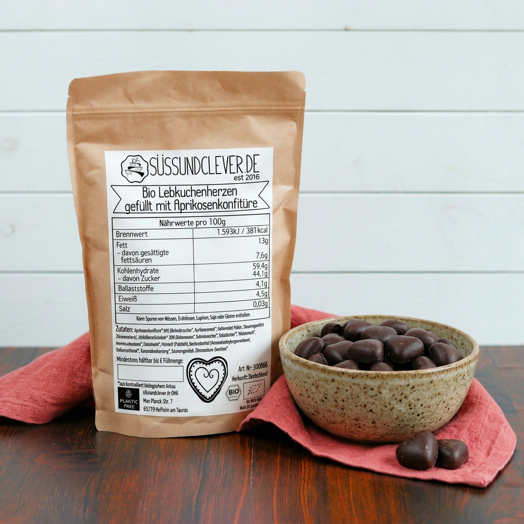 Bio Lebkuchenherzen | mit 30 % Aprikosenkonfitüre & Zartbitterschokolade | vegan