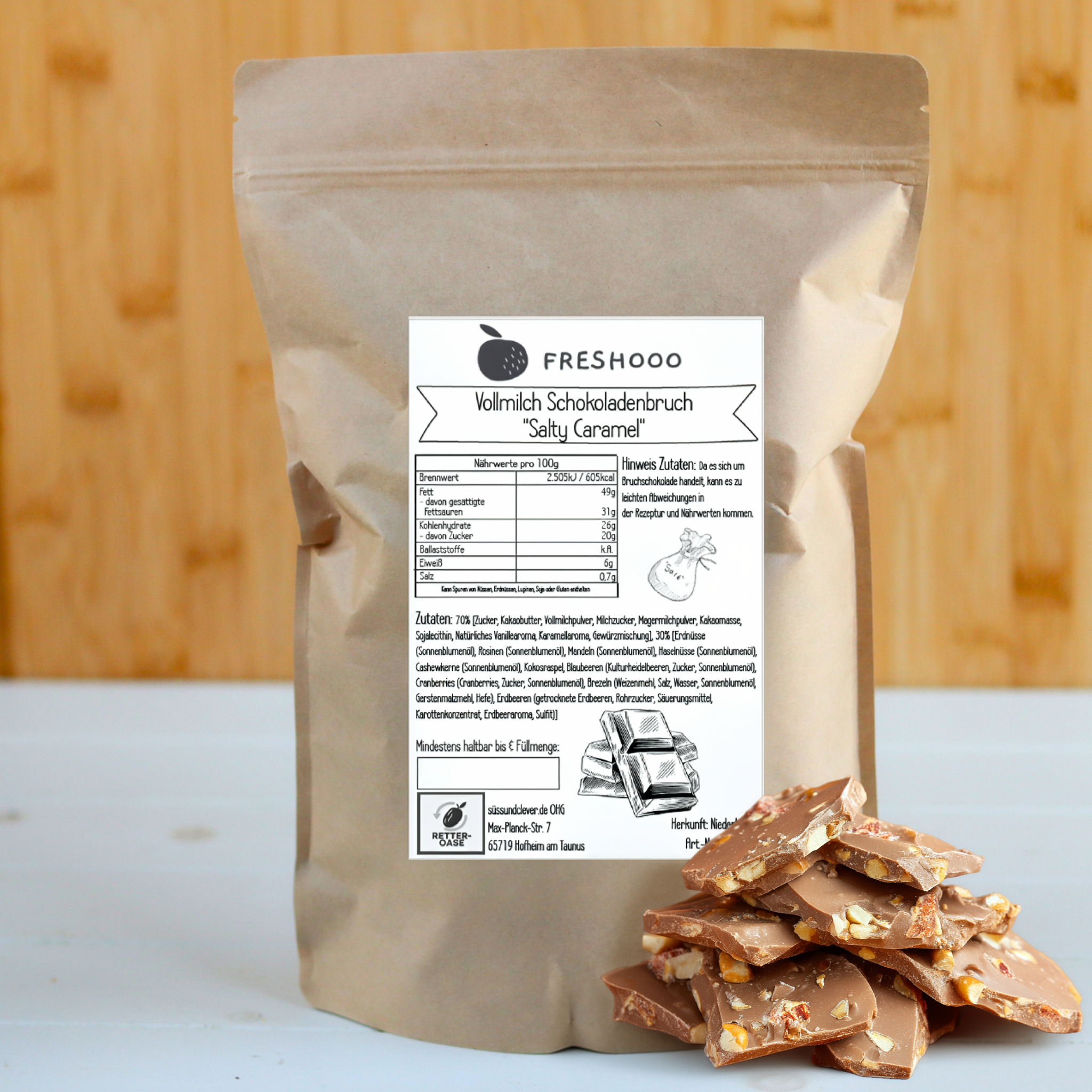 freshooo® Schokoladenbruch | "Salty Caramel" | mit Nuss-Frucht Crunch