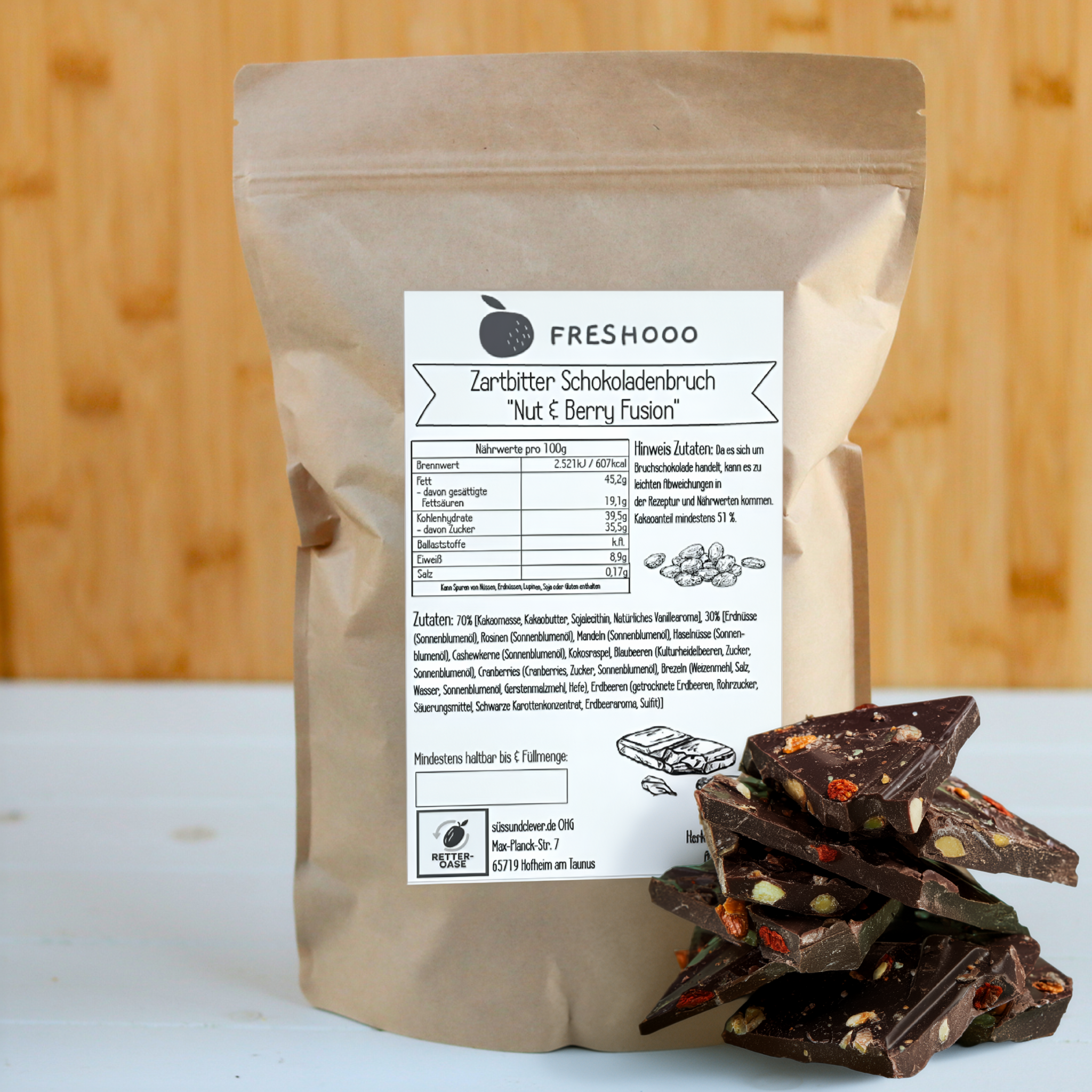 freshooo® ZARTBITTER Schokoladenbruch | "Nut & Berry Fusion" | 51% Kakaoanteil