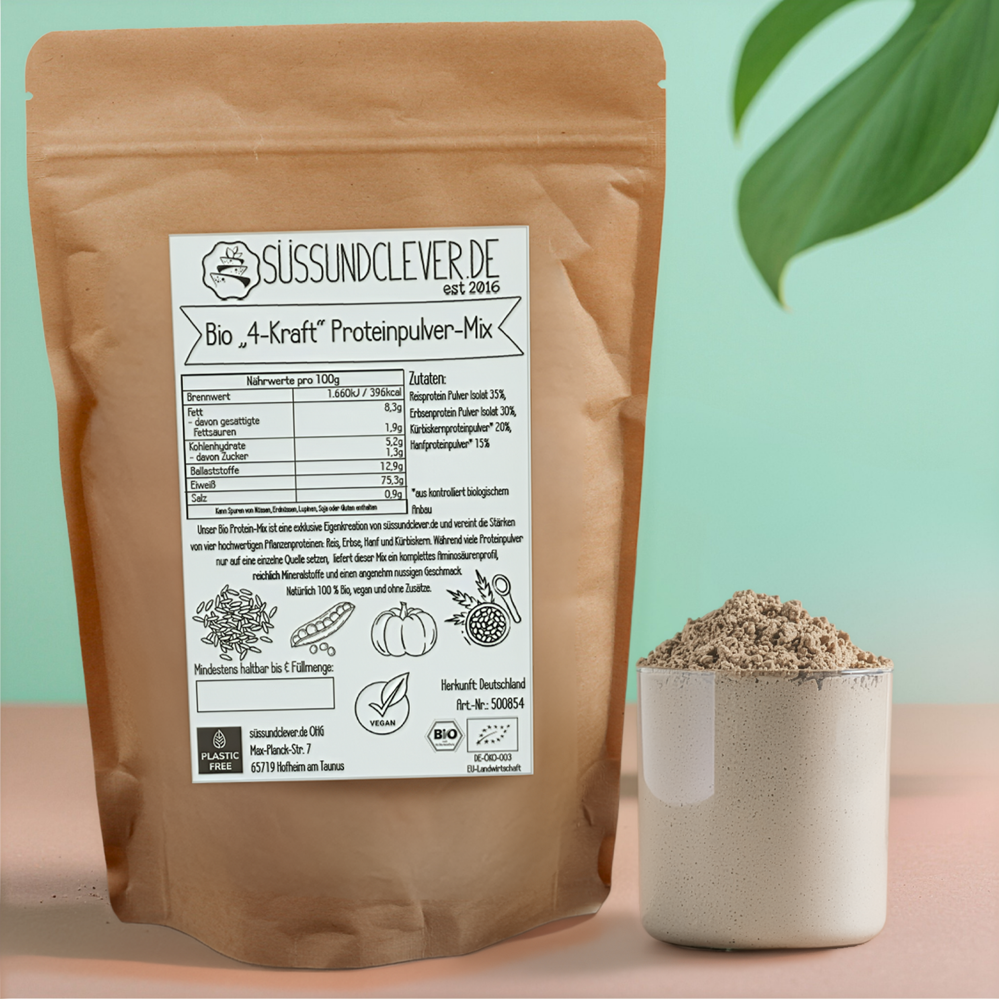 Bio "4-Kraft" Proteinpulver-Mix | Reis-, Erbse-, Hanf- & Kürbiskernprotein | vegan & 75% Protein