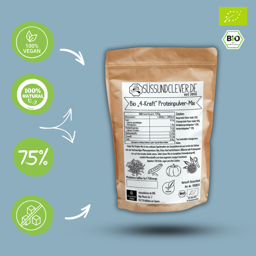 Bio "4-Kraft" Proteinpulver-Mix | Reis-, Erbse-, Hanf- & Kürbiskernprotein | vegan & 75% Protein