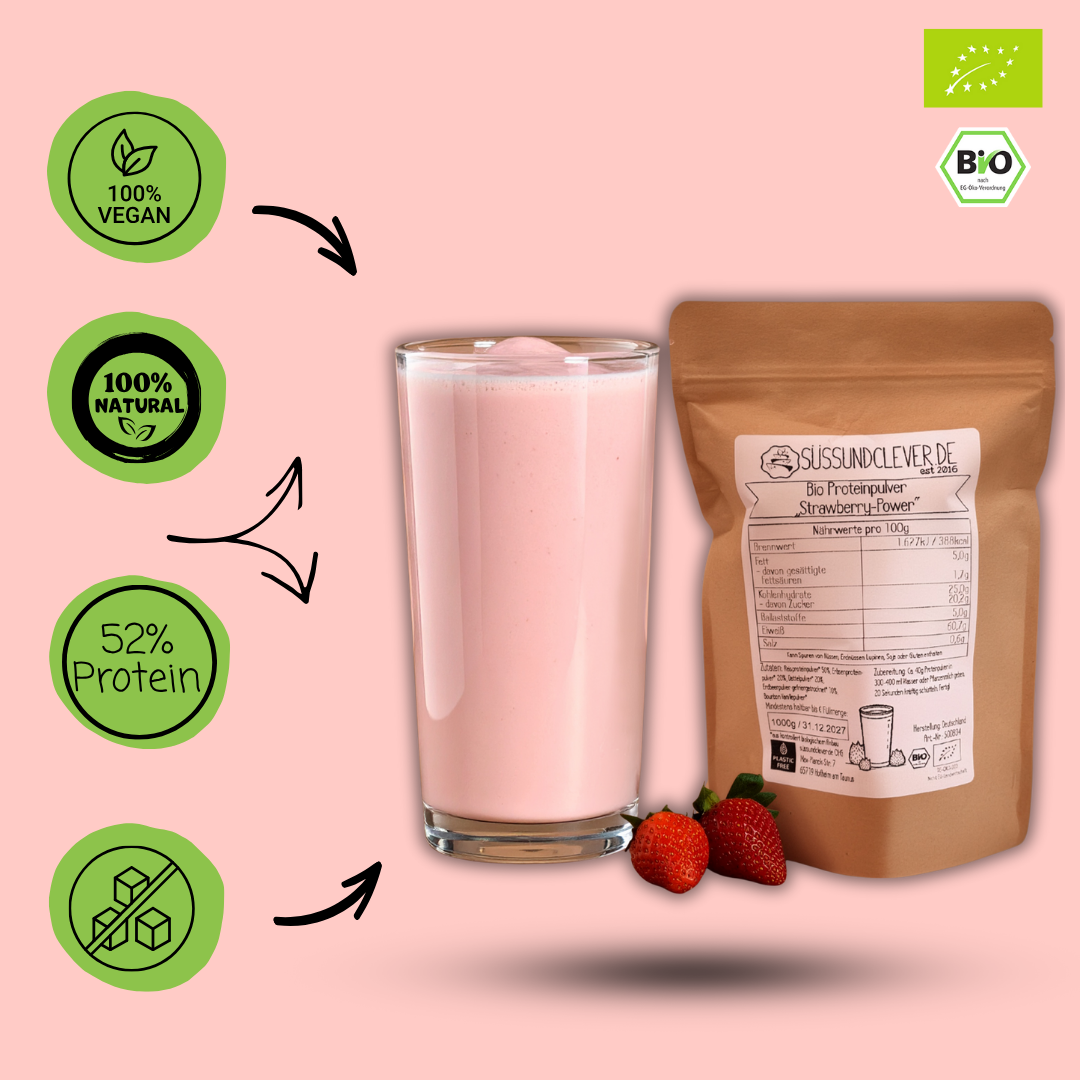 Bio Proteinpulver | "Strawberry-Power" | Vegan & 52% Protein | mit Dattelsüße