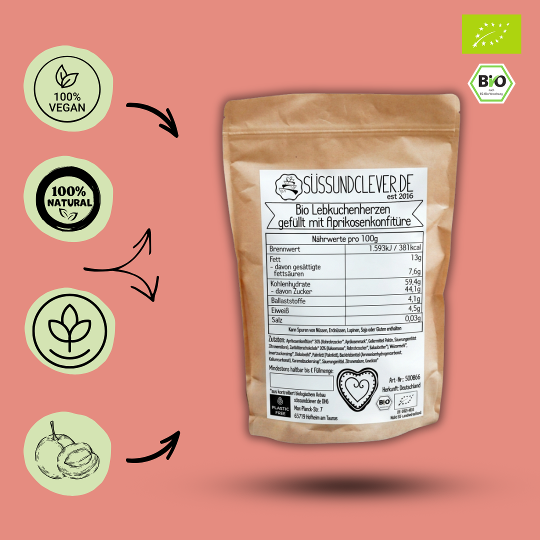 Bio Lebkuchenherzen | mit 30 % Aprikosenkonfitüre & Zartbitterschokolade | vegan