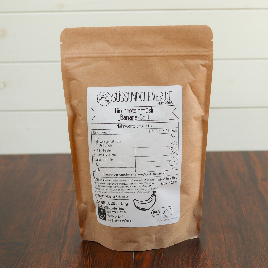 Bio Proteinmüsli | "Banana-Split" | mit 21% Protein | vegan
