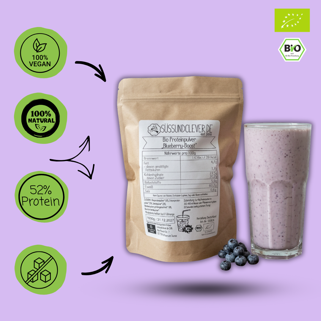 Bio Proteinpulver | "Blueberry-Boost" | Vegan & 52% Protein | mit Dattelsüße