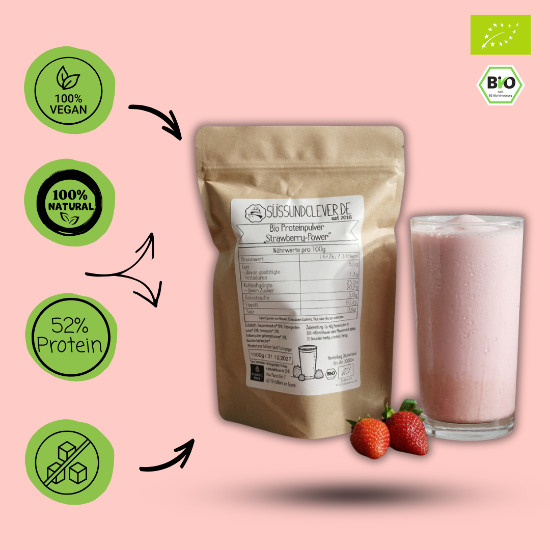 Bio Proteinpulver | "Strawberry-Power" | Vegan & 52% Protein | mit Dattelsüße