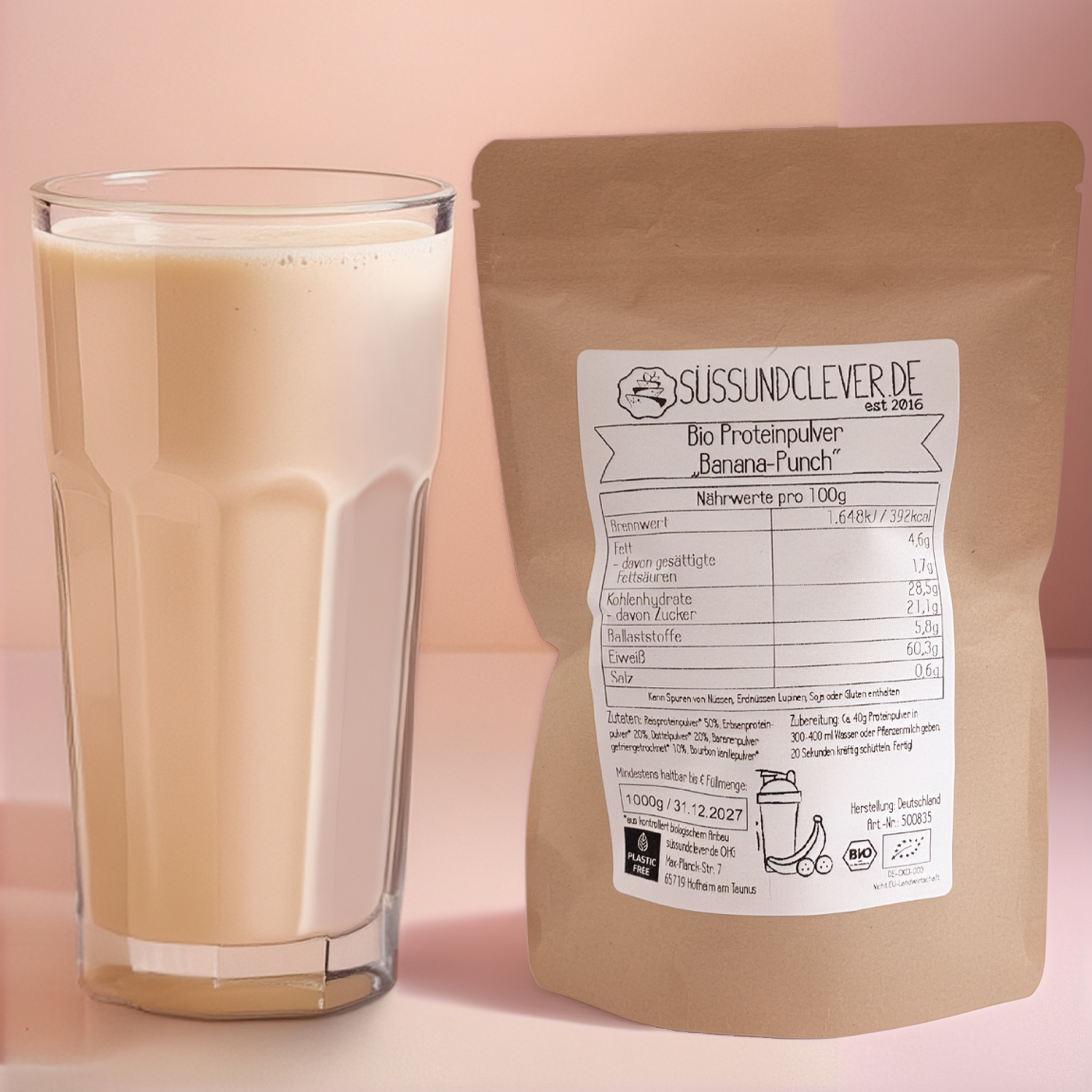 Bio Proteinpulver | "Banana-Punch" | Vegan & 60% Protein | mit Dattelsüße