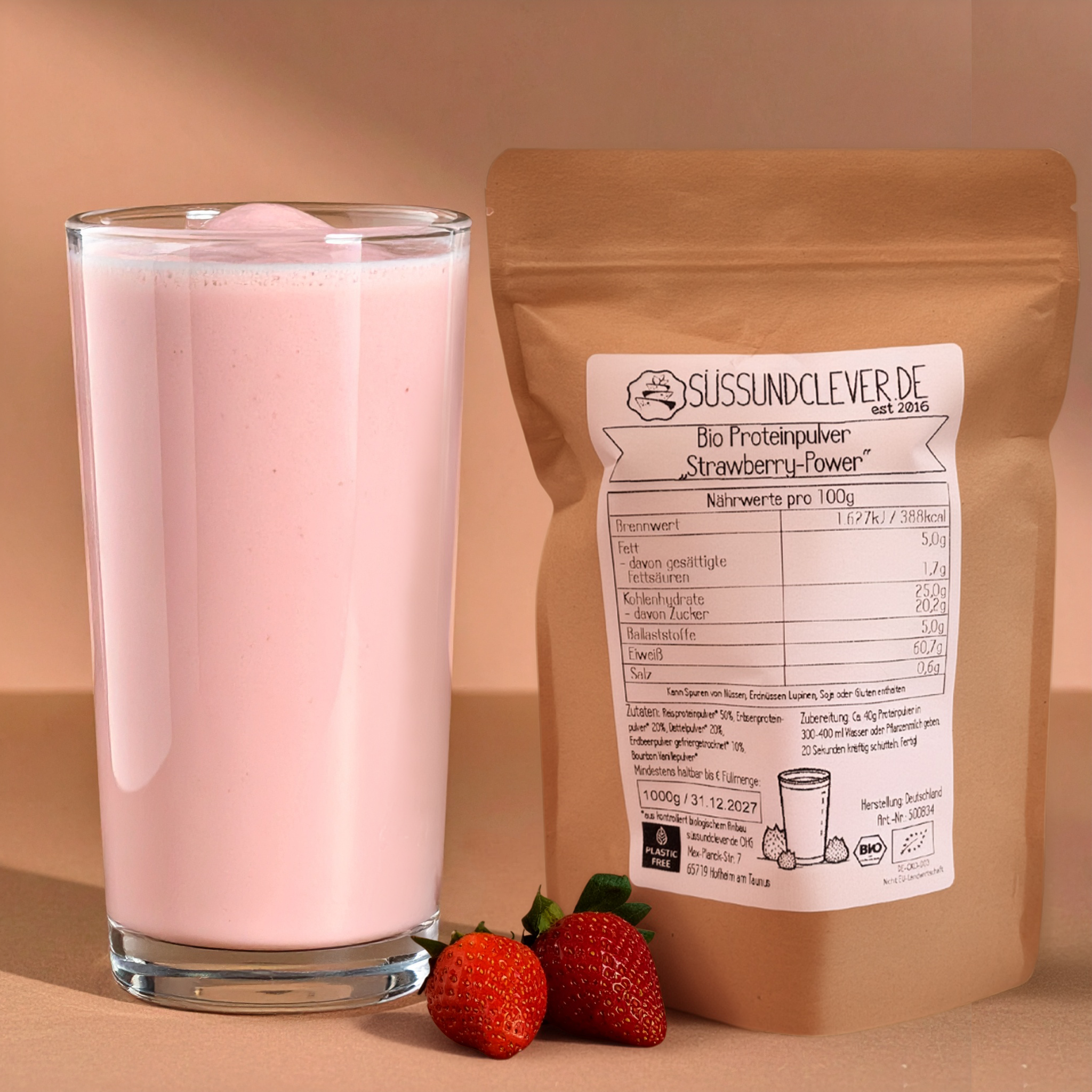 Bio Proteinpulver | "Strawberry-Power" | Vegan & 60% Protein | mit Dattelsüße