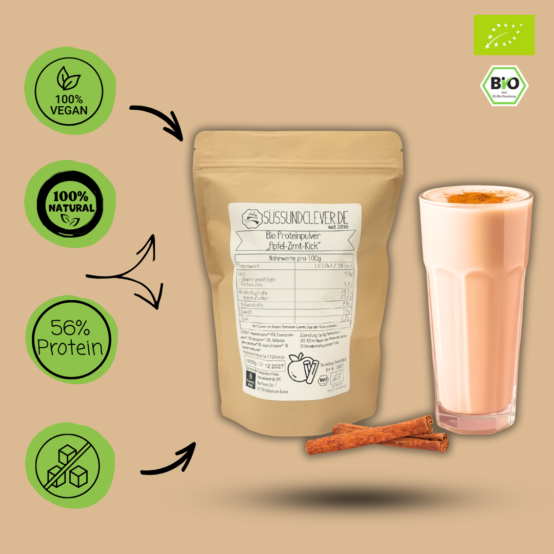 Bio Proteinpulver | "Apfel-Zimt-Kick" | Vegan & 56% Protein | mit Dattelsüße