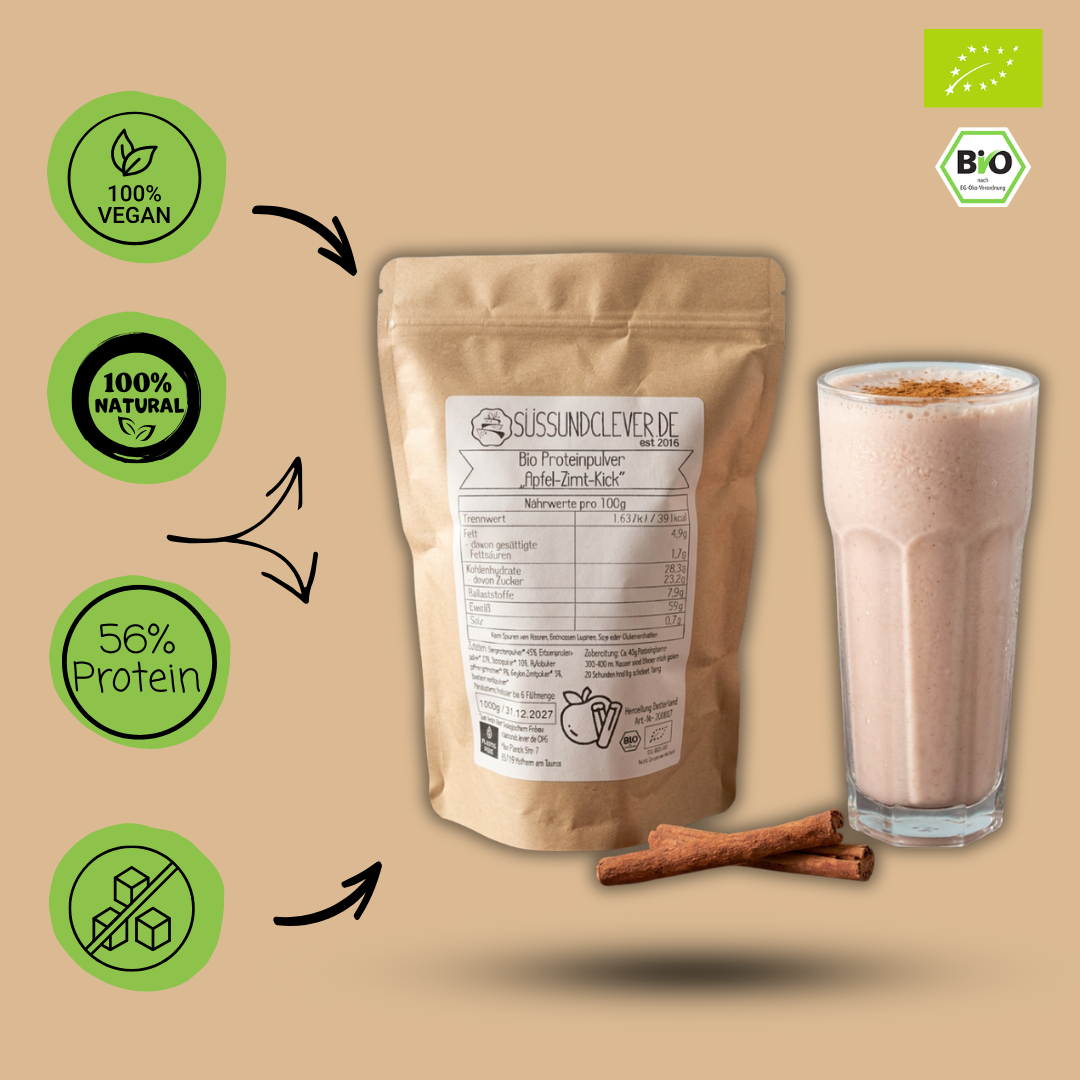 Bio Proteinpulver | "Apfel-Zimt-Kick" | Vegan & 56% Protein | mit Dattelsüße