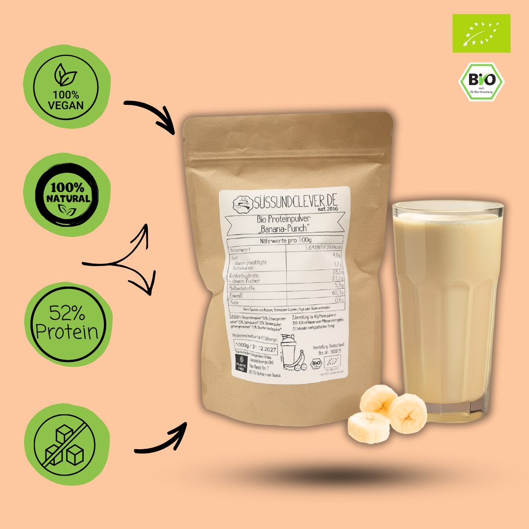 Bio Proteinpulver | "Banana-Punch" | Vegan & 52% Protein | mit Dattelsüße
