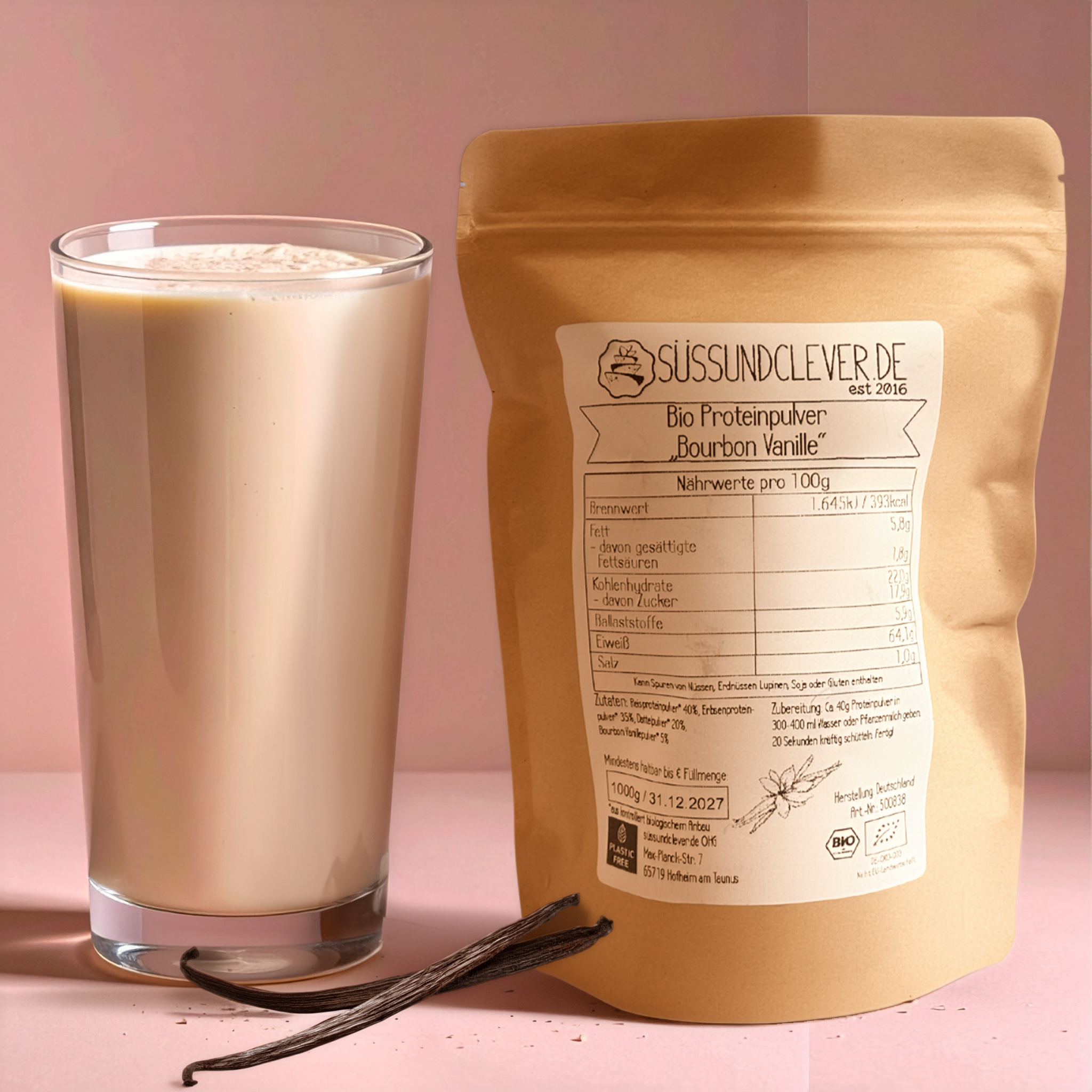 Bio Proteinpulver | "Bourbon Vanille" | Vegan & 65% Protein | mit Dattelsüße