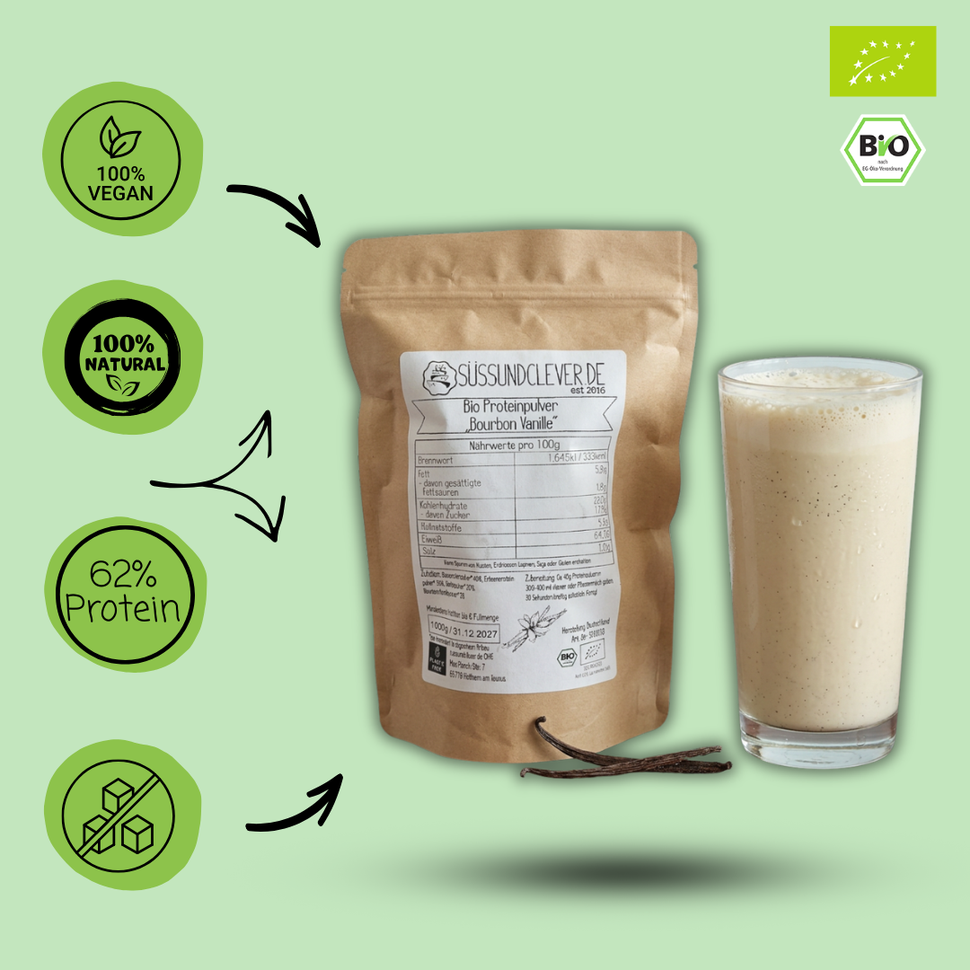 Bio Proteinpulver | "Bourbon Vanille" | Vegan & 62% Protein | mit Dattelsüße