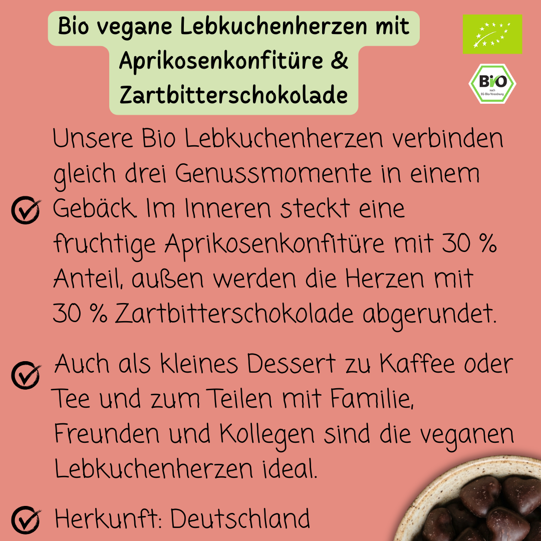Bio Lebkuchenherzen | mit 30 % Aprikosenkonfitüre & Zartbitterschokolade | vegan