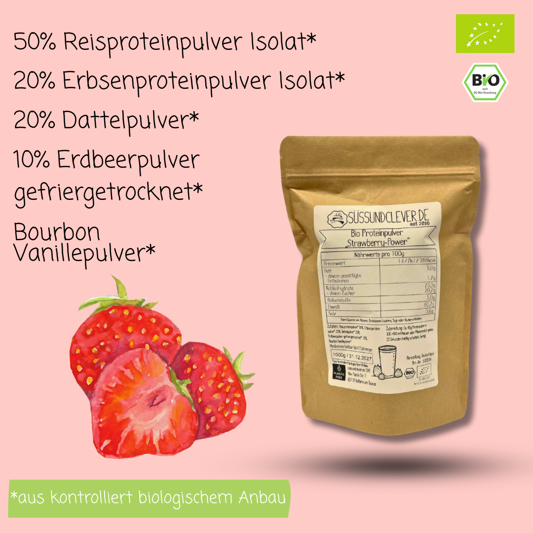Bio Proteinpulver | "Strawberry-Power" | Vegan & 60% Protein | mit Dattelsüße