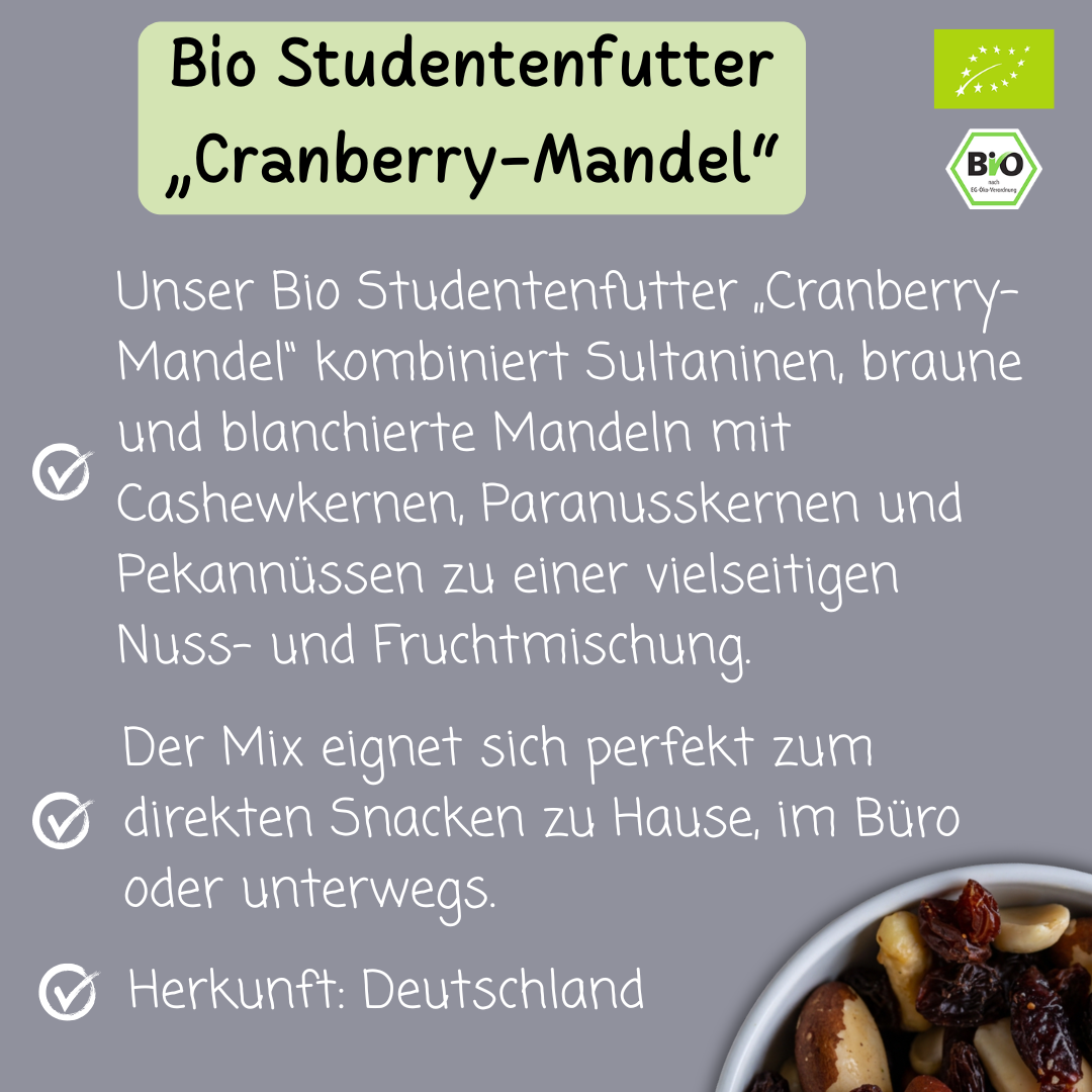 Bio Studentenfutter „Cranberry-Mandel“ | mit Pekannusskernen | fruchtig & knackig
