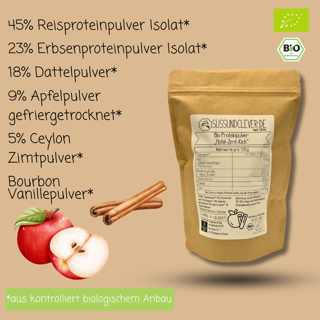 Bio Proteinpulver | "Apfel-Zimt-Kick" | Vegan & 60% Protein | mit Dattelsüße