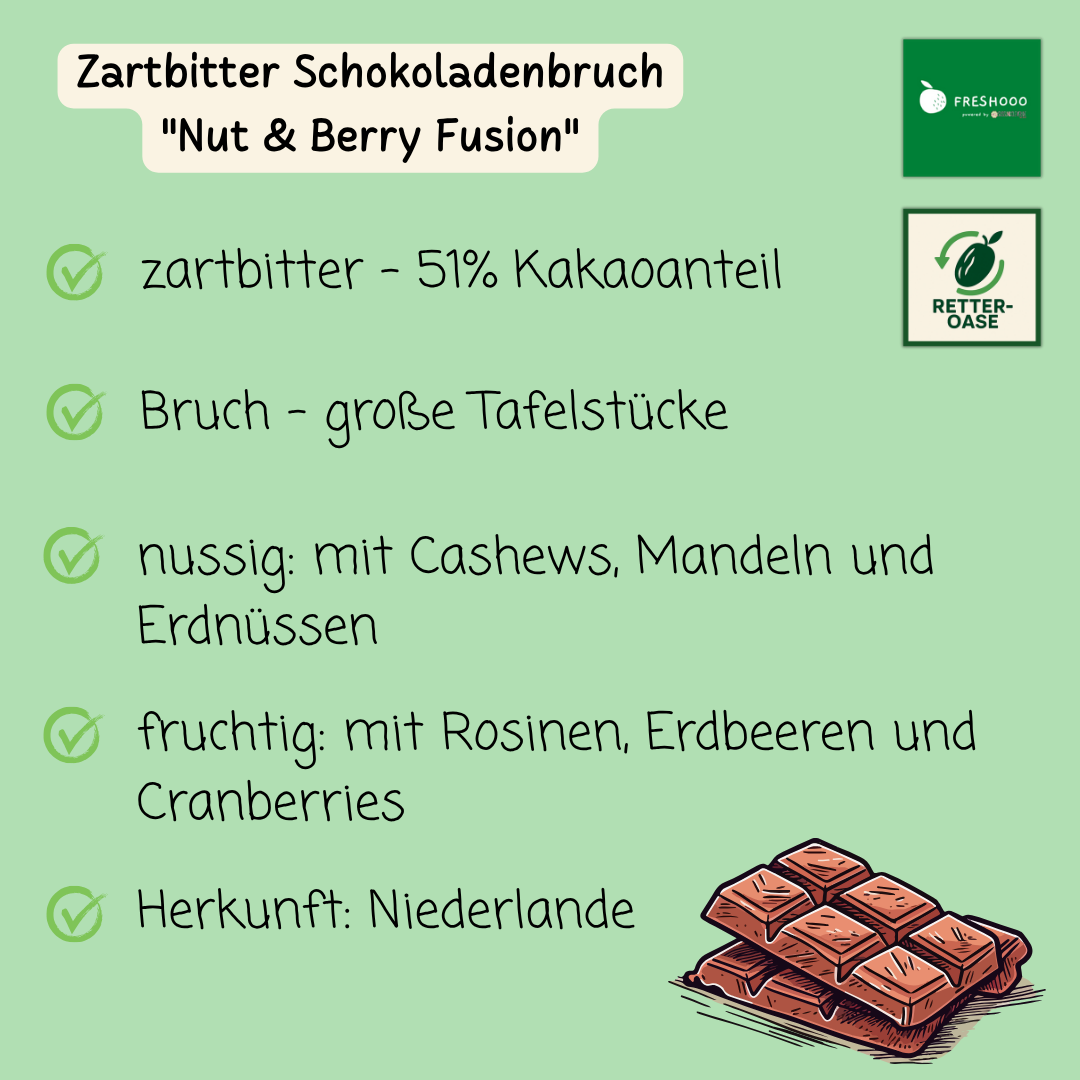 freshooo® ZARTBITTER Schokoladenbruch | "Nut & Berry Fusion" | 51% Kakaoanteil