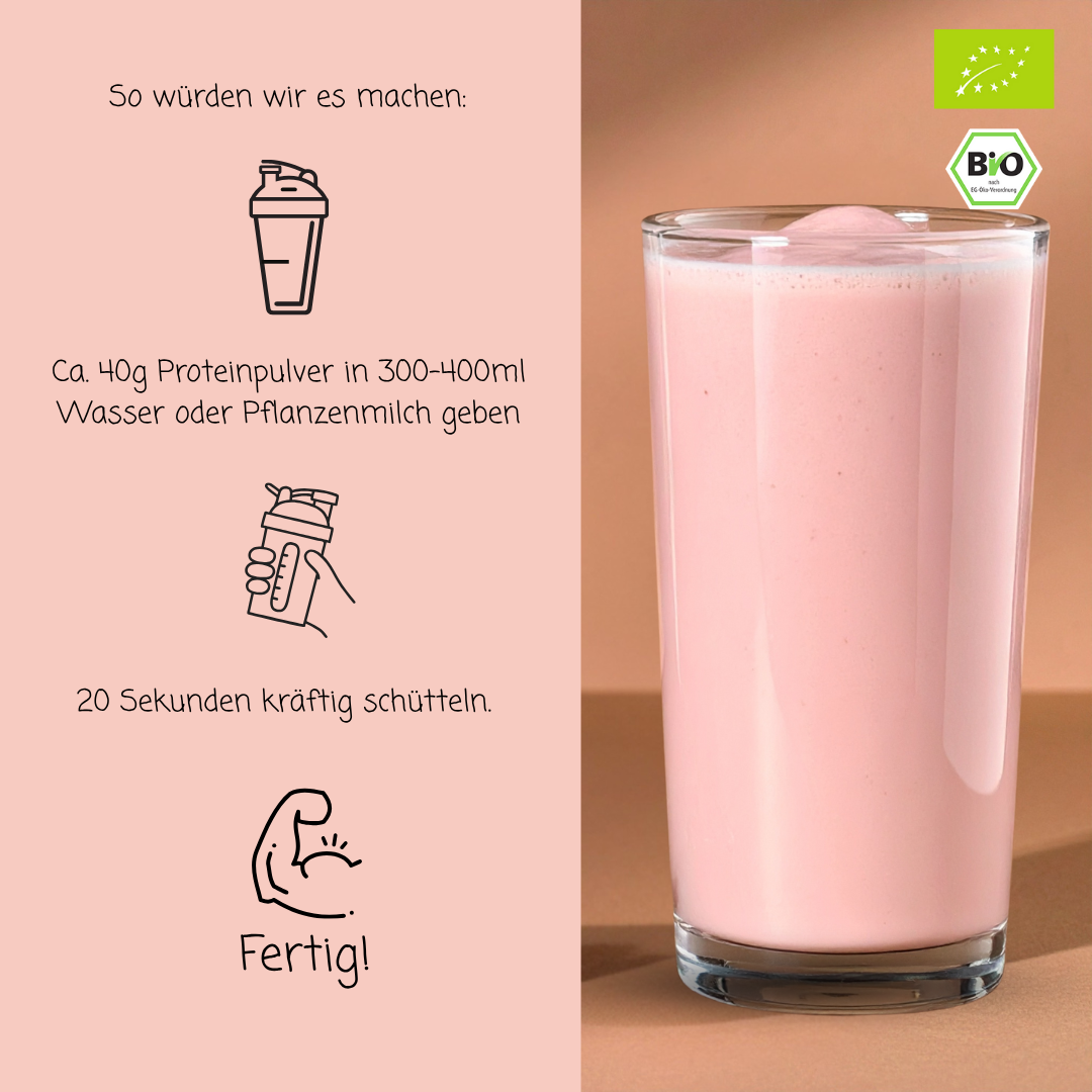 Bio Proteinpulver | "Strawberry-Power" | Vegan & 52% Protein | mit Dattelsüße